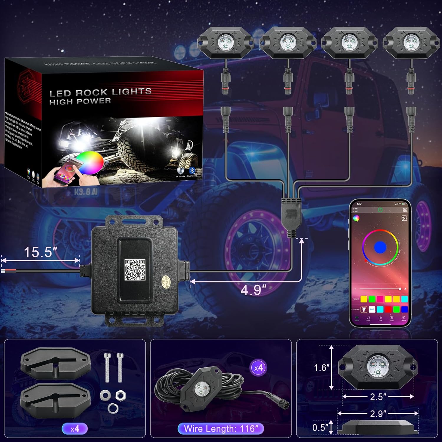 LivTee RGB LED Rock Lights Kit, 4 Pods Waterproof Underglow Neon Lights with Bluetooth App Control - Multi-Color & Music Sync Wheel Light for Trucks SUV UTV ATV RZR Golf Cart