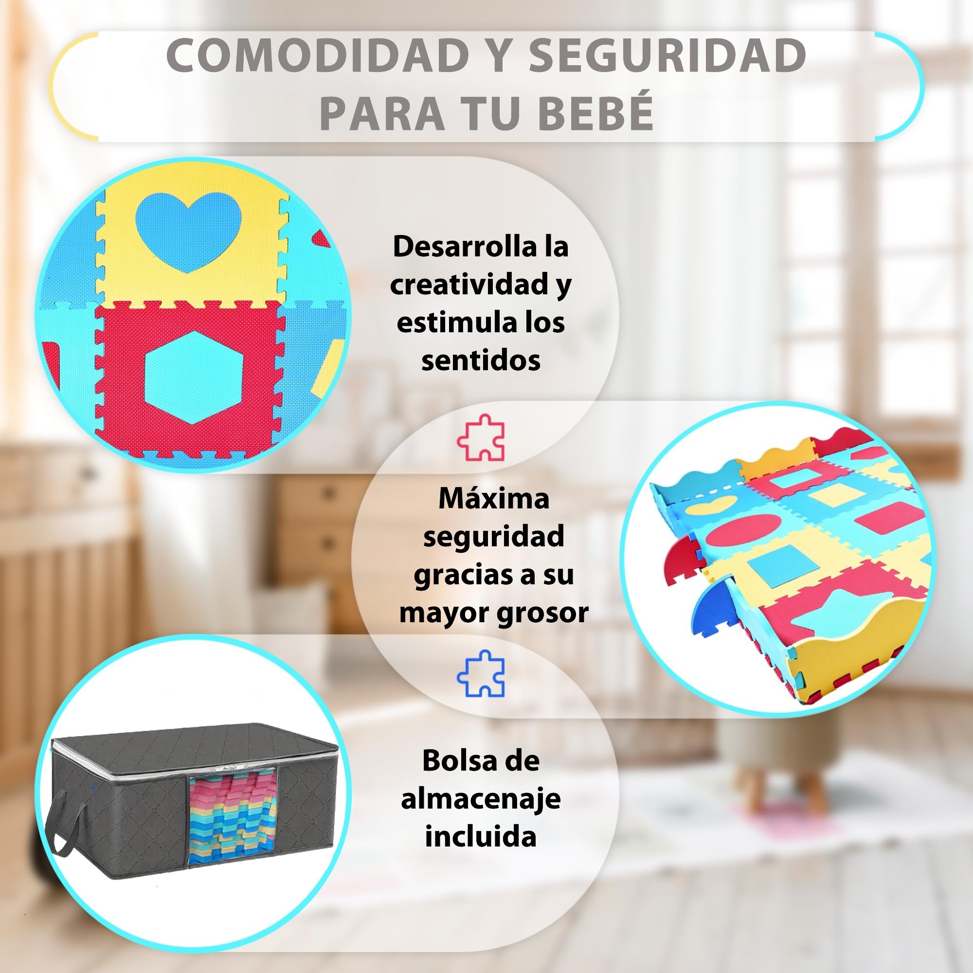 Alfombra Puzzle Bebé Goma EVA 140x140 cm – Colchoneta Bebe Suelo Acolchada 1,2 cm con 36 Piezas Intercambiables, Bordes y Bolsa de Almacenaje | Tapete Gateo Bebé Colores Principales