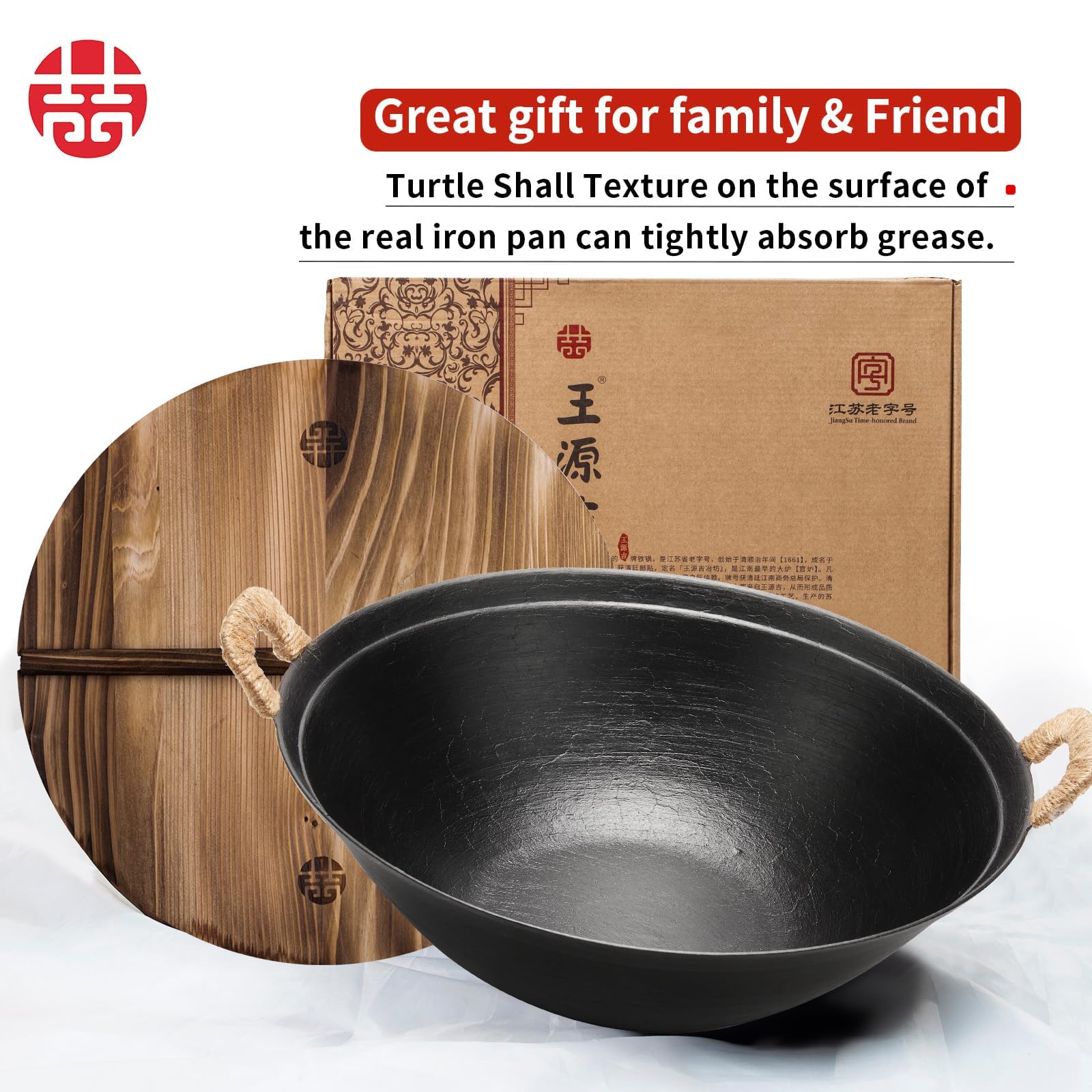 WANGYUANJI wok de hierro fundido con tapa de madera, wok de fondo plano de 36cm, sartén grande para saltear para