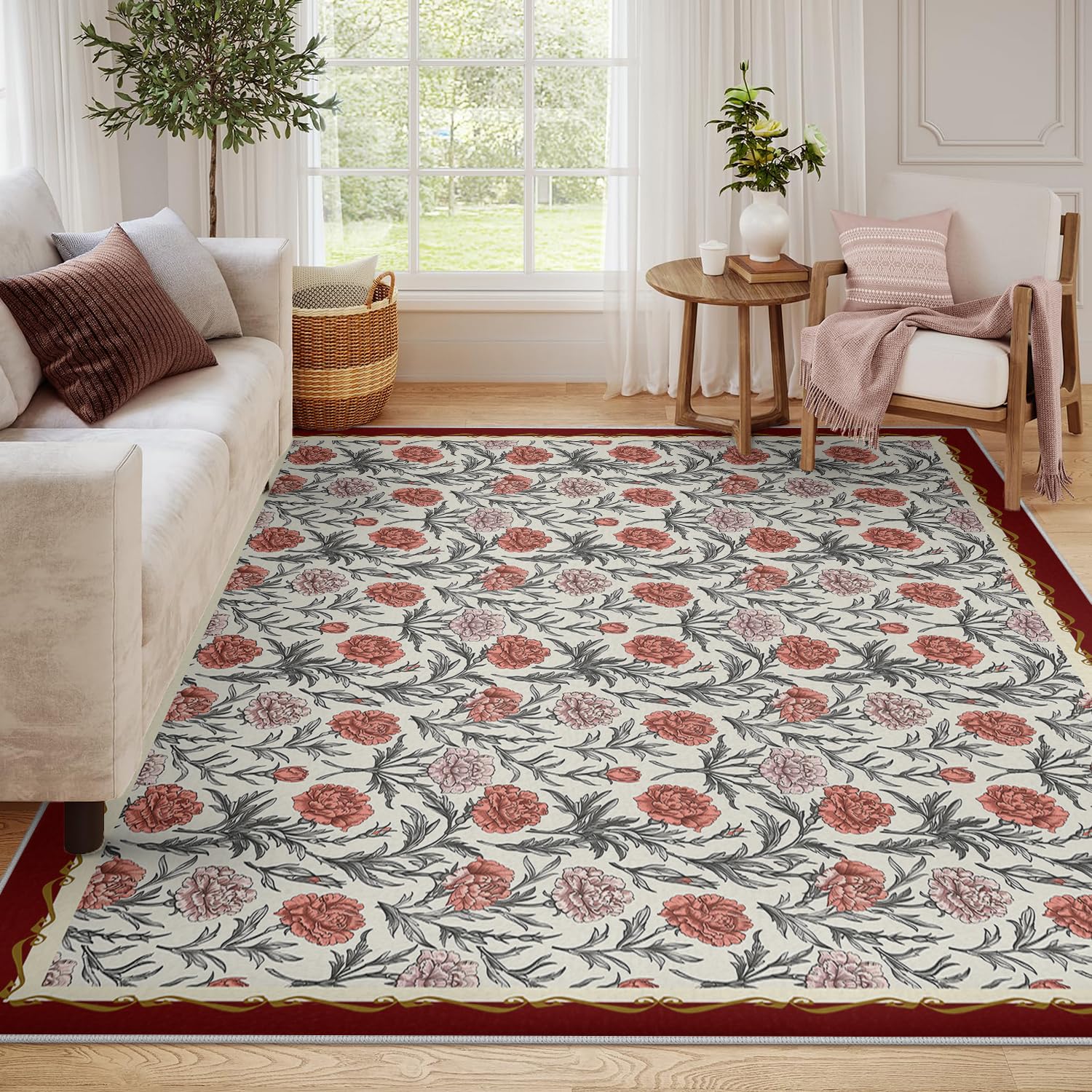 Tapis 80x150cm Vintage Bohème à Pivoines pour Salon et Chambre
