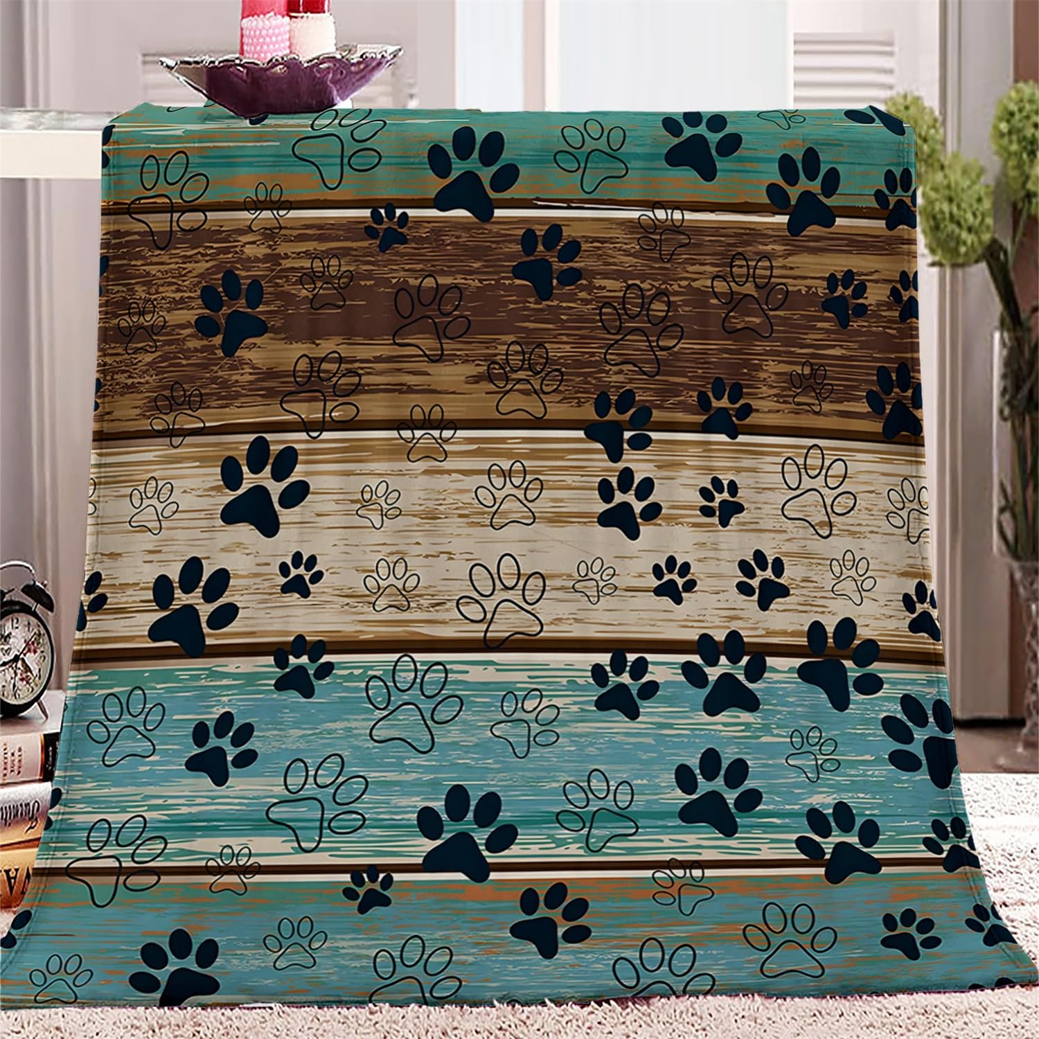 Sjyhnb Multi-01 Blanket Throw Animal Dog Paws & Wood Grain Sherpa Fleece Blanket 180 X 200Cm Fluffy Soft Warm 3D Printed Flannel Blankets Bedspread For Bed Sofa Settees Couch Chair Office
