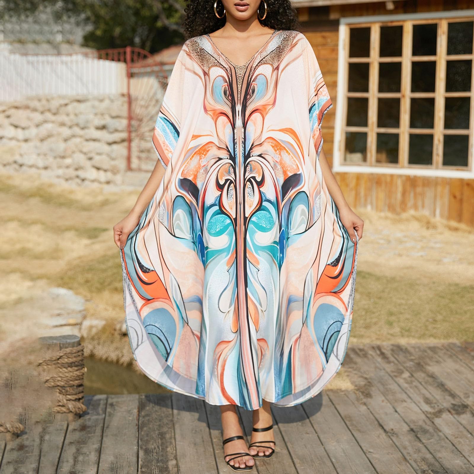 Generico Caftano Donna Copricostume Estivo Lungo Kaftano Elegante Ideale Kimono Casual BohéMien Loungewear per Vacanze Spiaggia