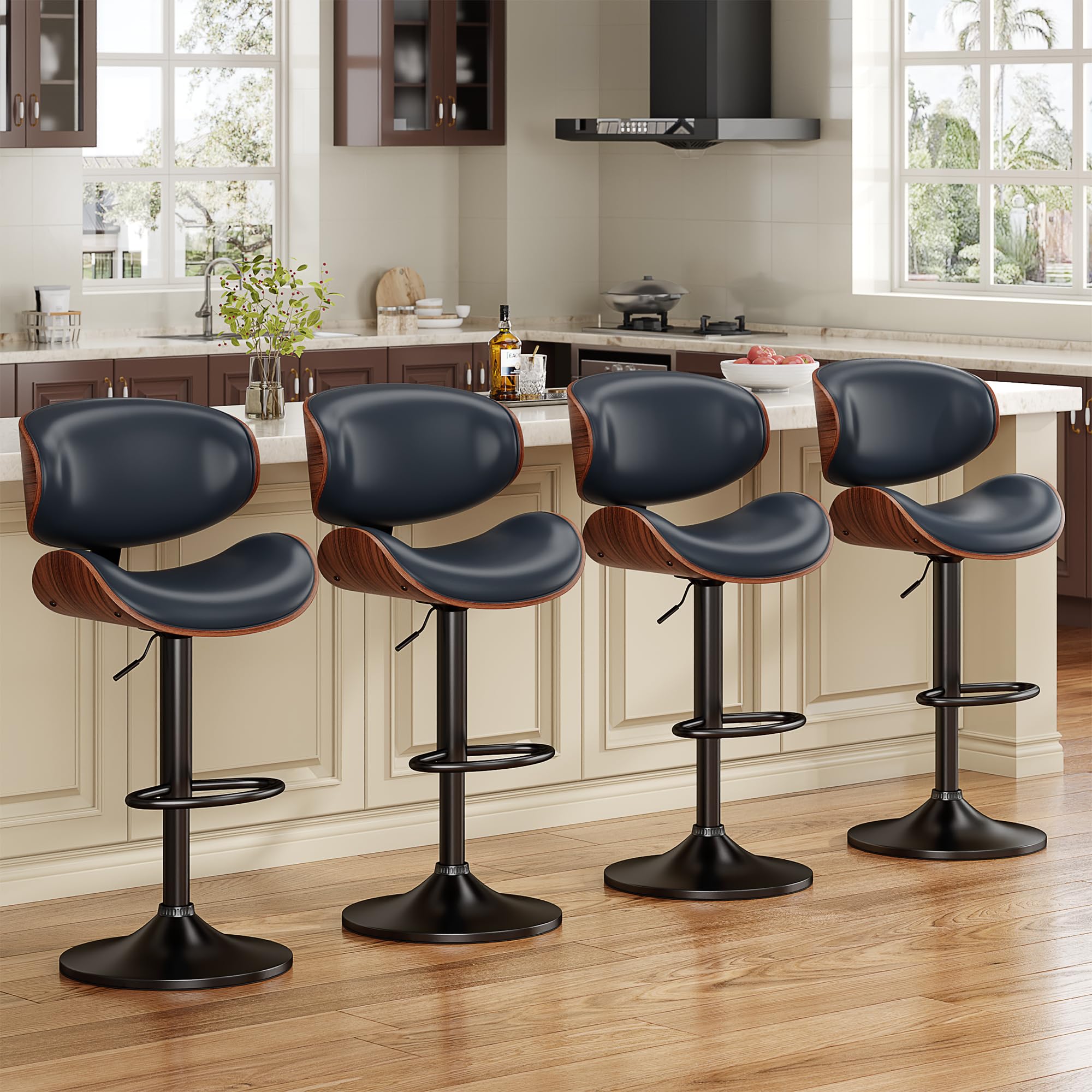 YaFiti Bar Stools Set of 4, Bentwood Adjustable Height Swivel Bar Stools, PU Leather Upholstered Bar Chair with Back and Footrest for Bar, Kitchen,