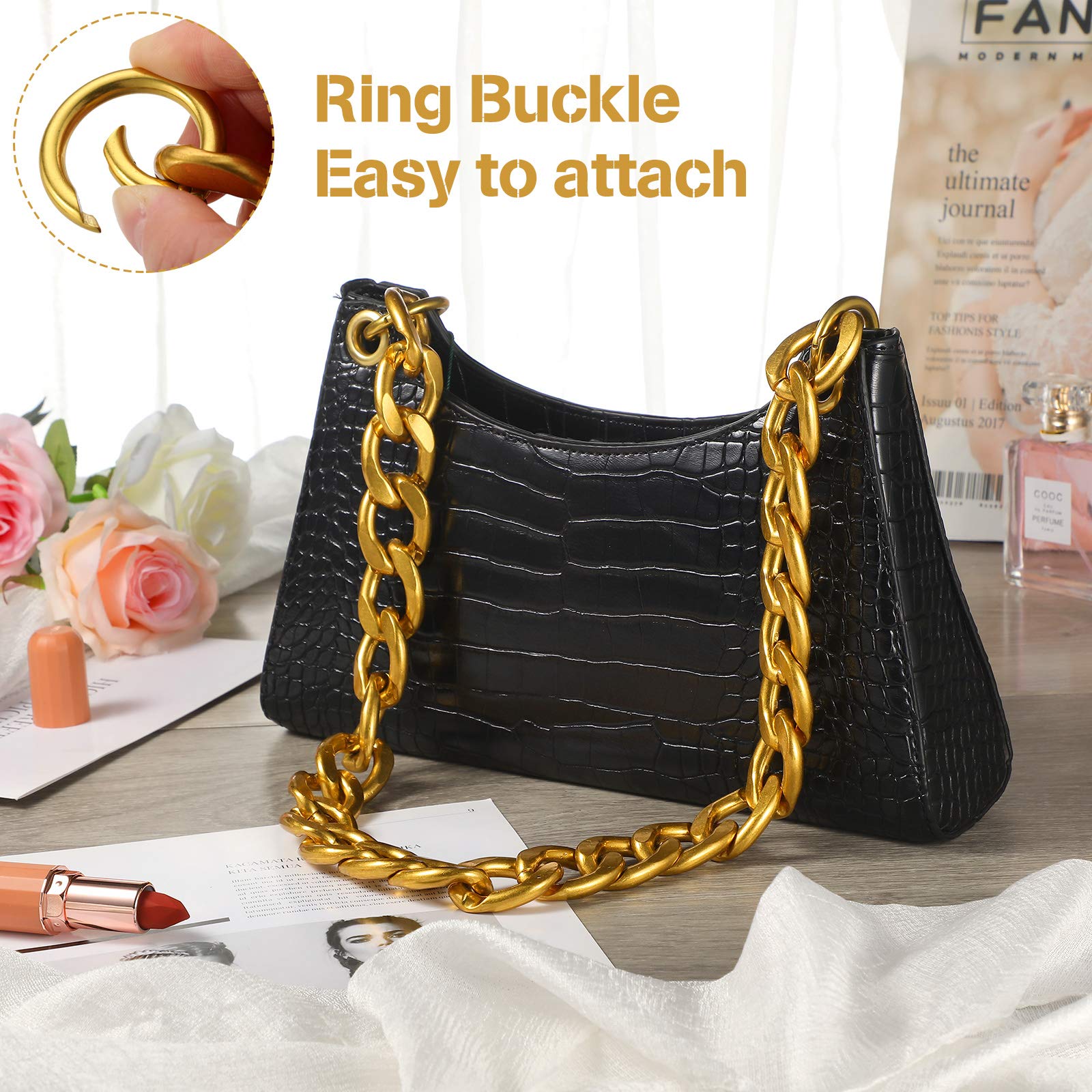 DIY Flat Chain Strap Chunky Metal Purse Handle Bag Chain Aluminum Purse Shoulder Strap Replacement Handbag Shoulder Accessory with Ring Buckle, Gold