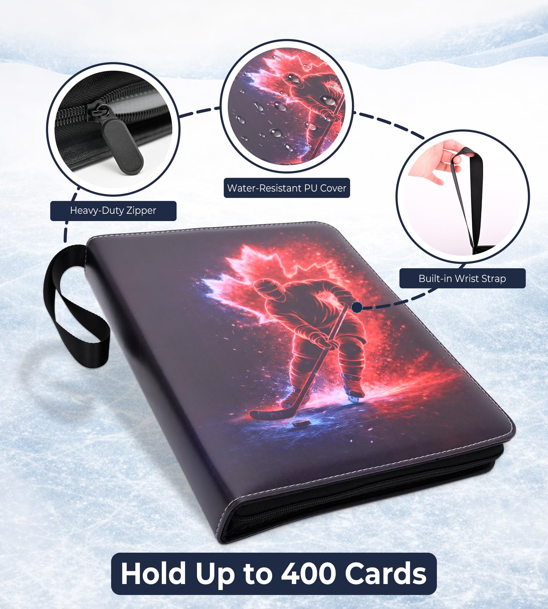 Hockey Card Binder, 4 Pocket Trading Portable Collector Binder with 50 Removable Sleeves for 400 Cards, Zipper Card Organizer Album for Football, Basketball, Baseball, Sports Cards - 4