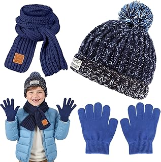 Juego de gorro, guantes y bufanda de invierno para niños, gorro de invierno con forro polar grueso y cálido para niños de 4 a 12 años, azul