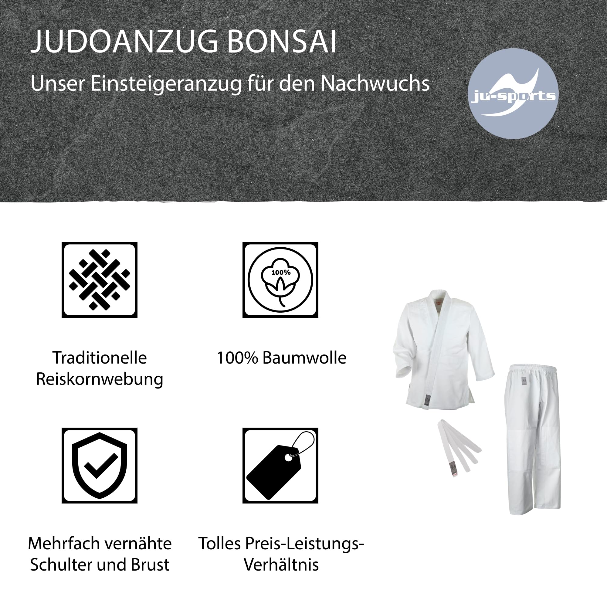 Ju-Sports Taekwondo Anzug Bonsai Weiß - Judogi speziell für Kinder & Einsteiger inkl. weißem Gürtel, Leichter Stoff für herrlich angenehmes Tragegefühl