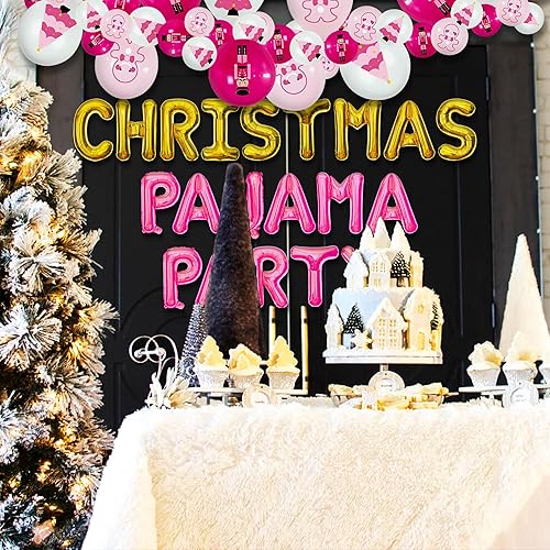 Miniatura 6 de LaVenty Decoración de fiesta de pijama de Navidad rosa, decoración de fiesta de pijama, globos de Navidad, suministros de juegos de fiesta de Navidad