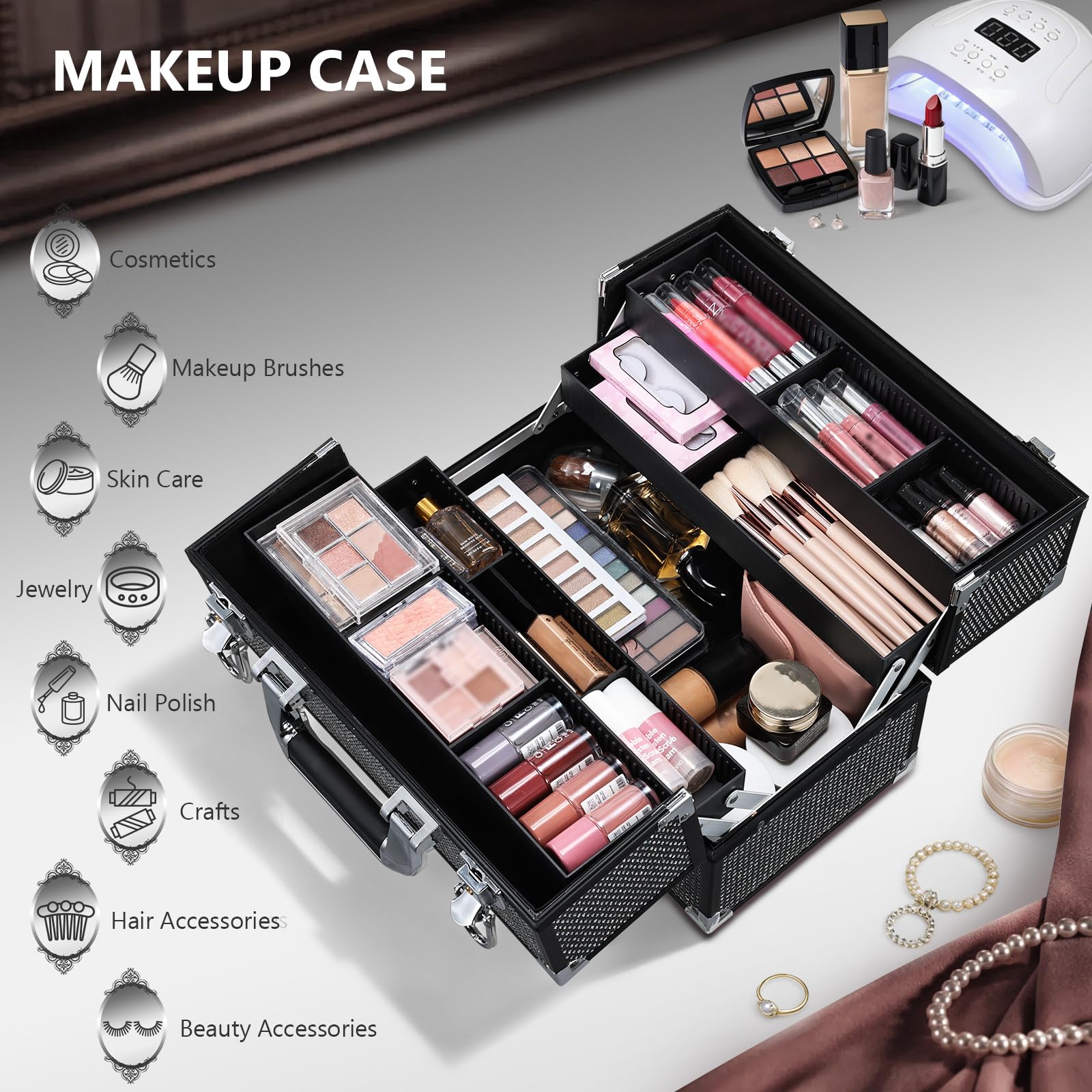 Joligrace Grande valigetta cosmetica, beauty case, trucco, multiuso, per parrucchiere, per il trasporto, con tracolla, Nero abbagliante
