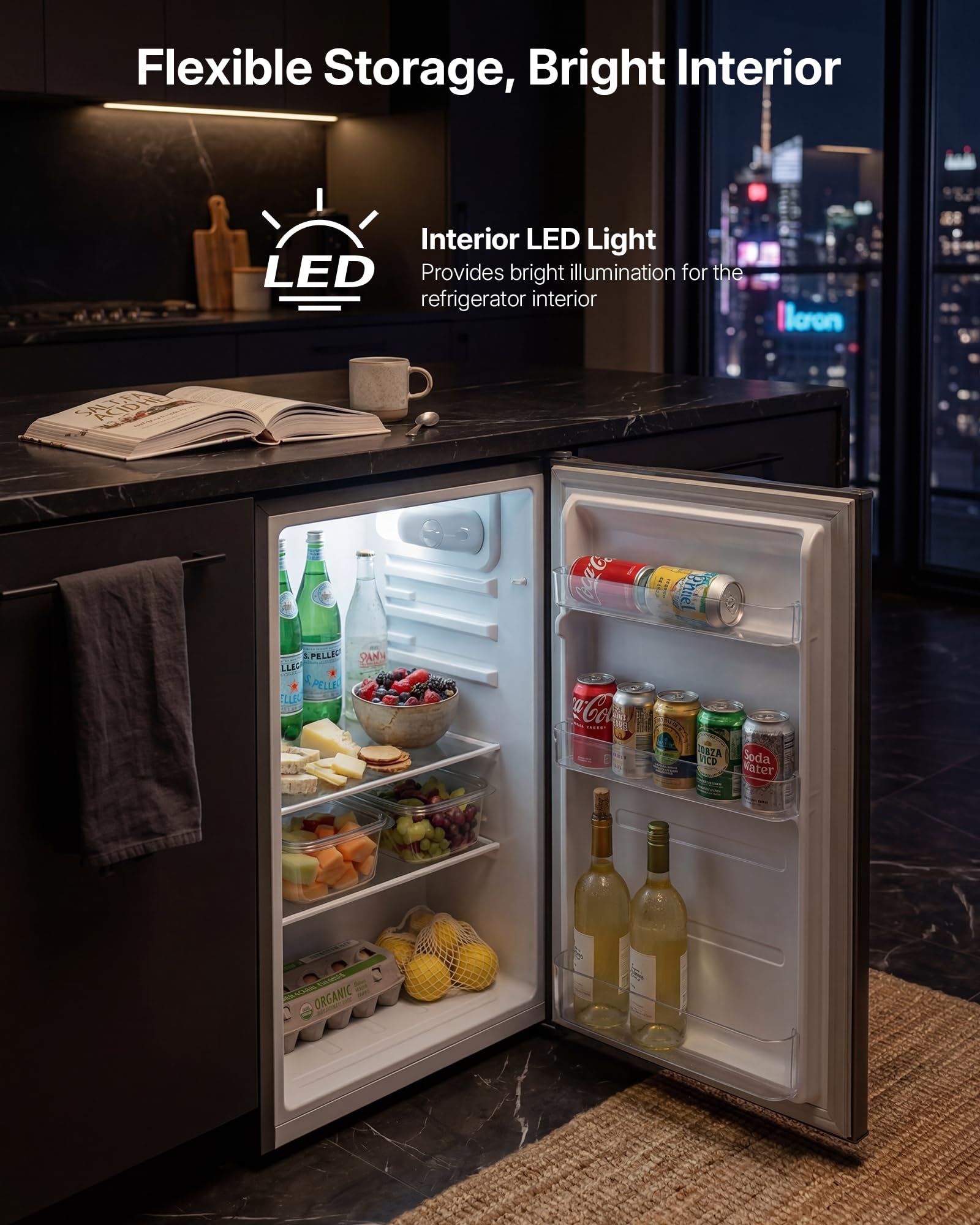 Upstreman 91 Litres Under Counter Fridge Without Freezer 83cm, Small Refrigerator with 1-10℃ Temperature Control, LED Light, Quiet, Compact Refrigerator for Office, Dorm, Dark Grey, CR91 — view 5