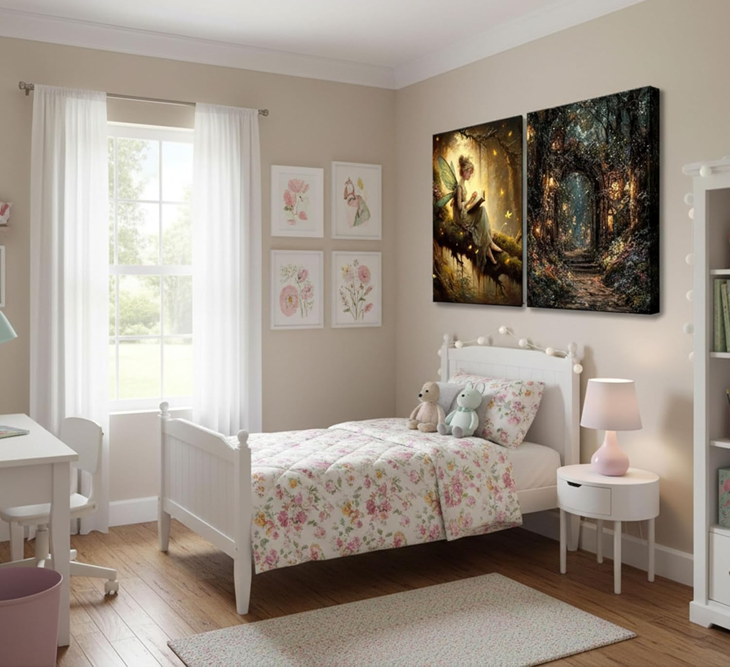 2Pcs Vintage Forest Fairy Canvas Wall Art Sitting On Branch Reading A Book Enchanted Fairy Portal Forest Pictures Wall Decor Posters Prints Girly Aesthetic for College Apartment Bedroom