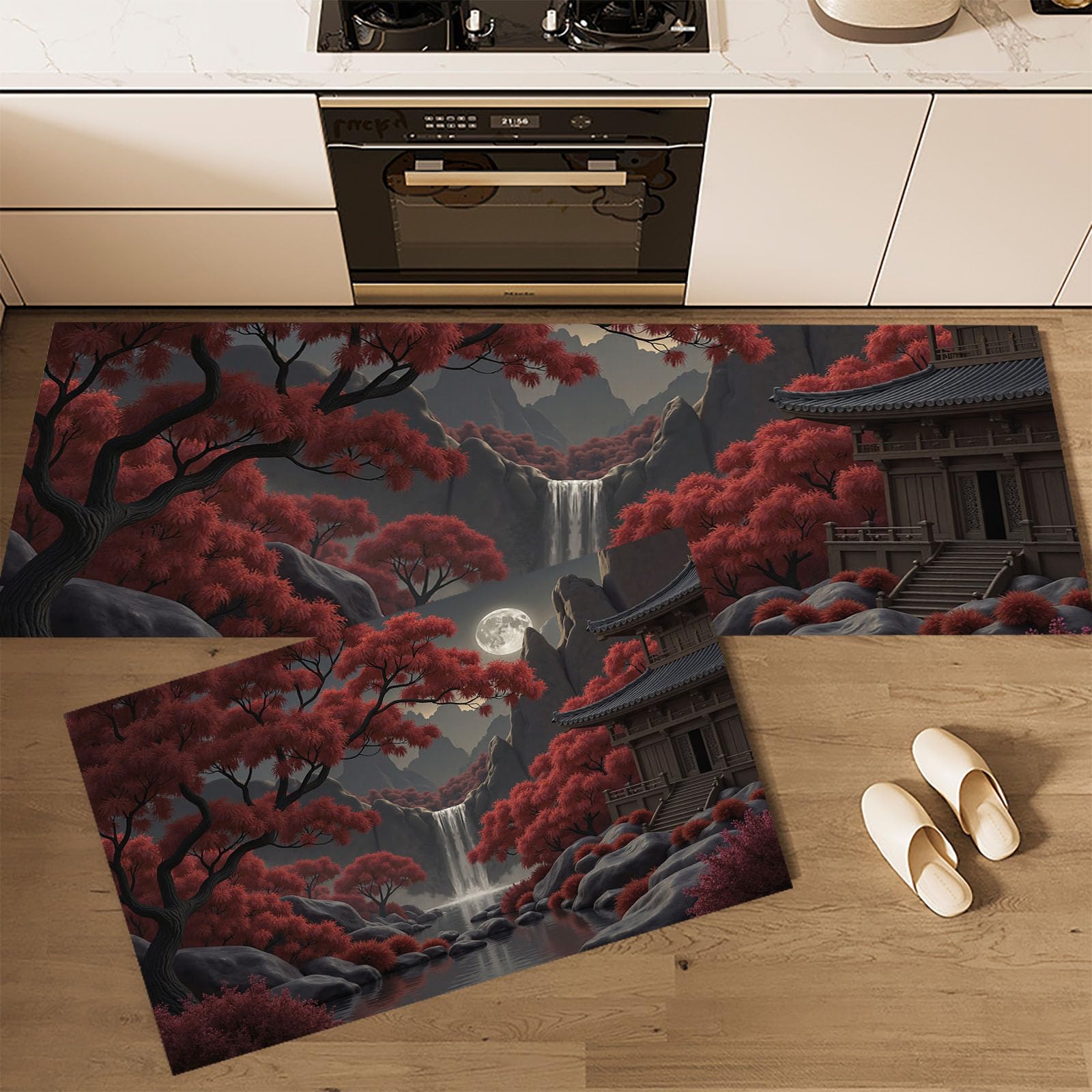 Alfombra de cocina antideslizante lavable y resistente con estampado zen de luna llena