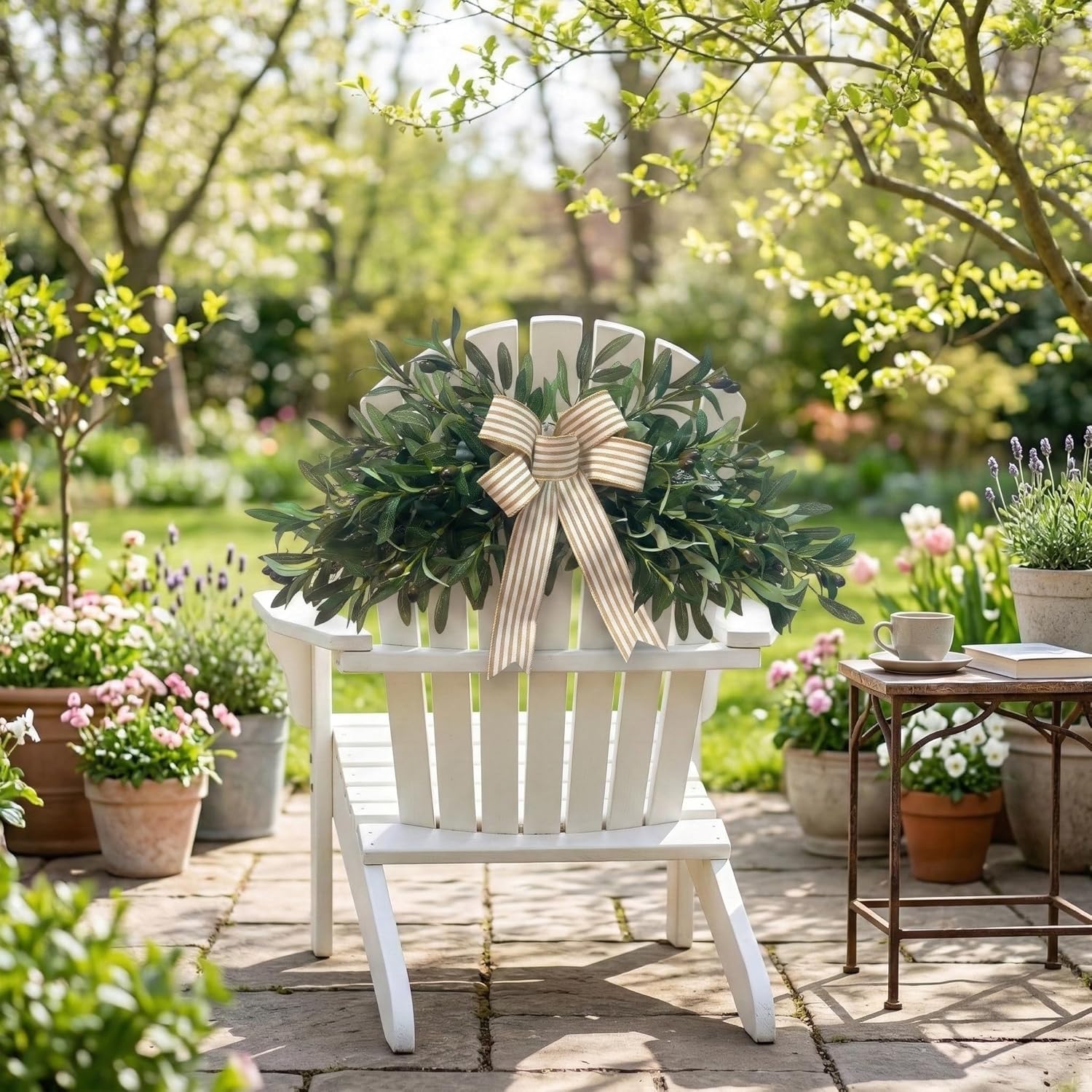 Pre-lit Artificial Olive Branch Swag with Striped Bow - 20 LED Teardrop Wreath for Front Door with Timer - Farmhouse Greenery Wall Decor (Battery Operated, Batteries Not Included)