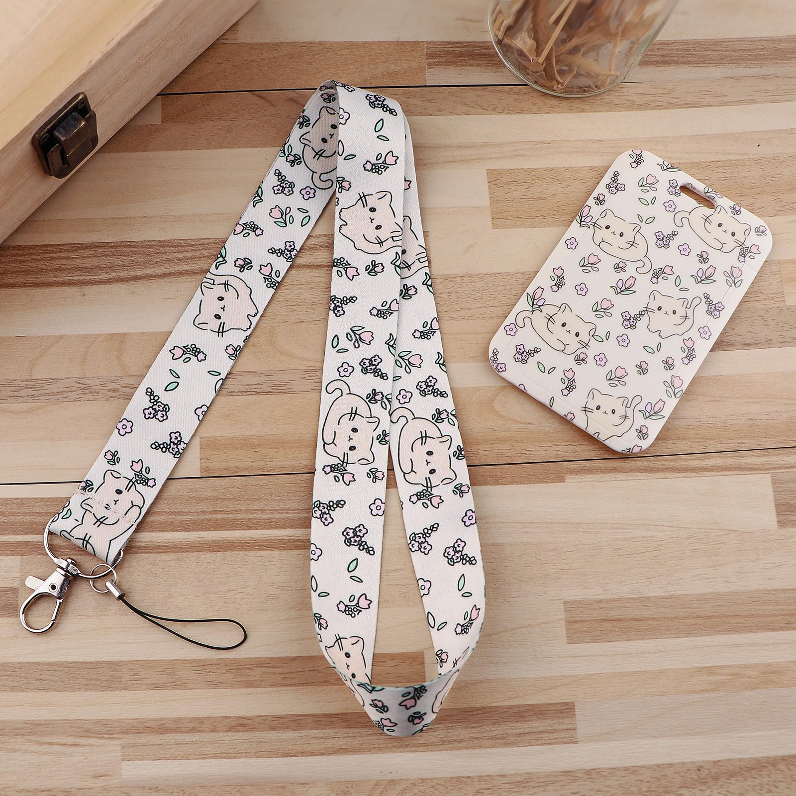 juanooo Cute Cats ID Card Holder Lanyard Aesthetic Floral Neck Lanyard Strap for Keys for Women Girls Kids Preppy School Student ID - Image 4