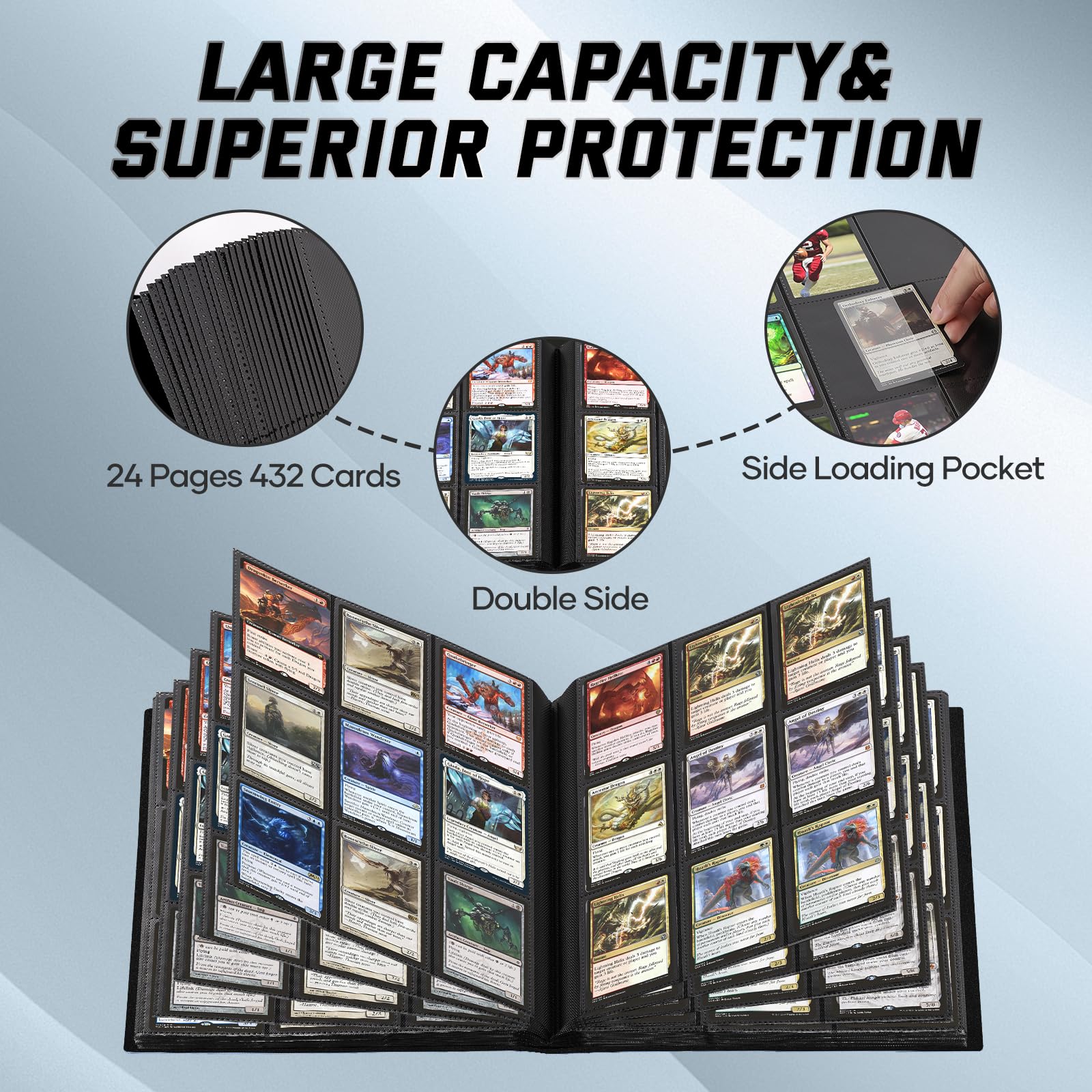 9 Pocket Card Binder,PU Card Ablums,Trading Card Binder Holder,432 Side Loading Pockets Sports Card Book Card Folder Card Album Card Holder Fit for MTG Football Play Cards (blue) - Image 3
