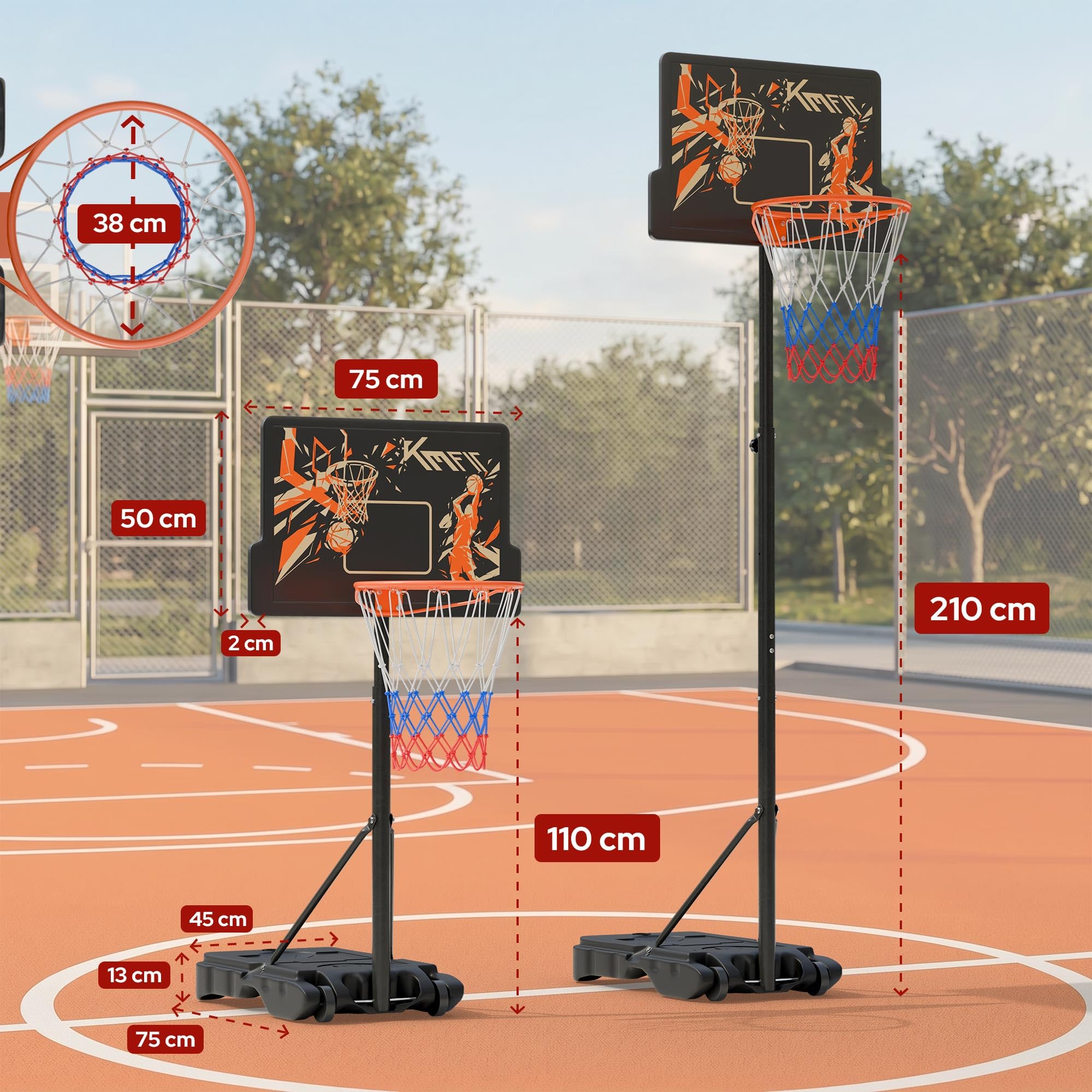KM-Fit Basketballkorb Outdoor höhenverstellbar 110–210 cm mobiler Basketball Korb mit Rollen & Ballablage inkl. 2 Netze
