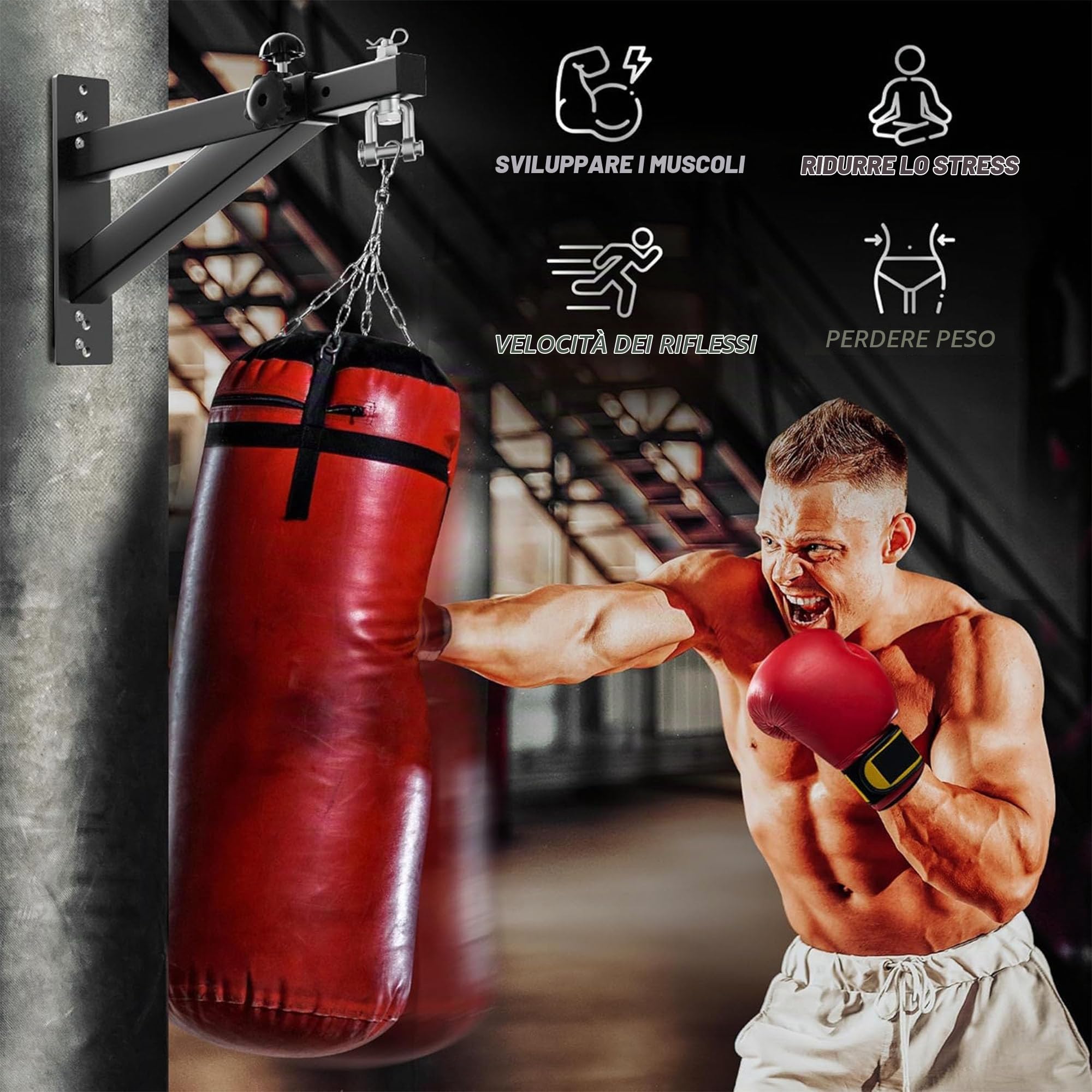 Yes4All Gancio per sacco pesante, supporto da parete regolabile per sacco da boxe, staffa resistente per sacco da boxe, sacco da kickboxing, Muay Thai