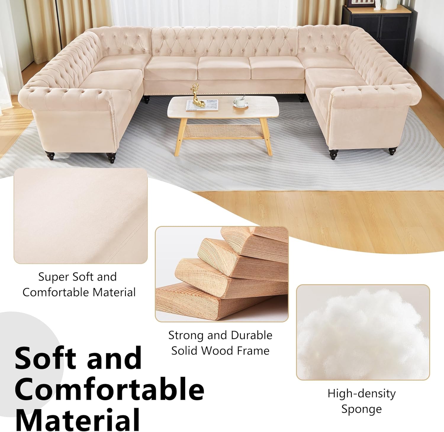 QHITTY U-Shaped Sofa, Sectional Chesterfield Velvet Couch 9-Seater Upholstered Large Accent Tufted Sofa with Rolled Armrest and Nailhead Design for Living Room, Apartment, Office (Beige)