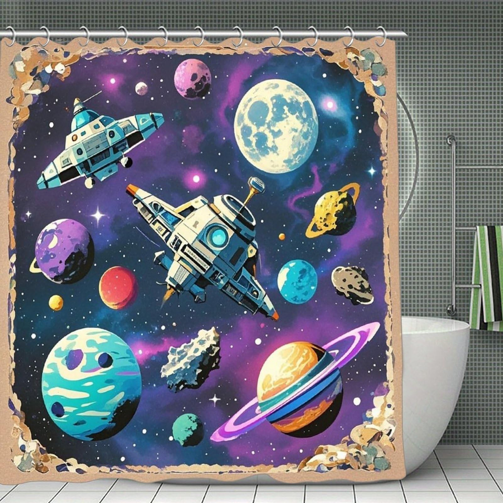 FekiLoot Retro Space Theme Shower Curtain Minimalist Thick Bathroom Curtain Washable Modern Bathroom Shower Curtain Heavy Duty Waterproof Cloth Bath Curtain with Hooks 70.8"x70.8"