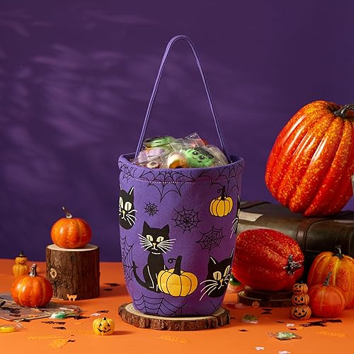Miniatura 7 de Ouksma 2 cubos de lona de Halloween para dulce o truco, cestas de dulces de Halloween, cestas de calabaza con asa para suministros de fiesta de