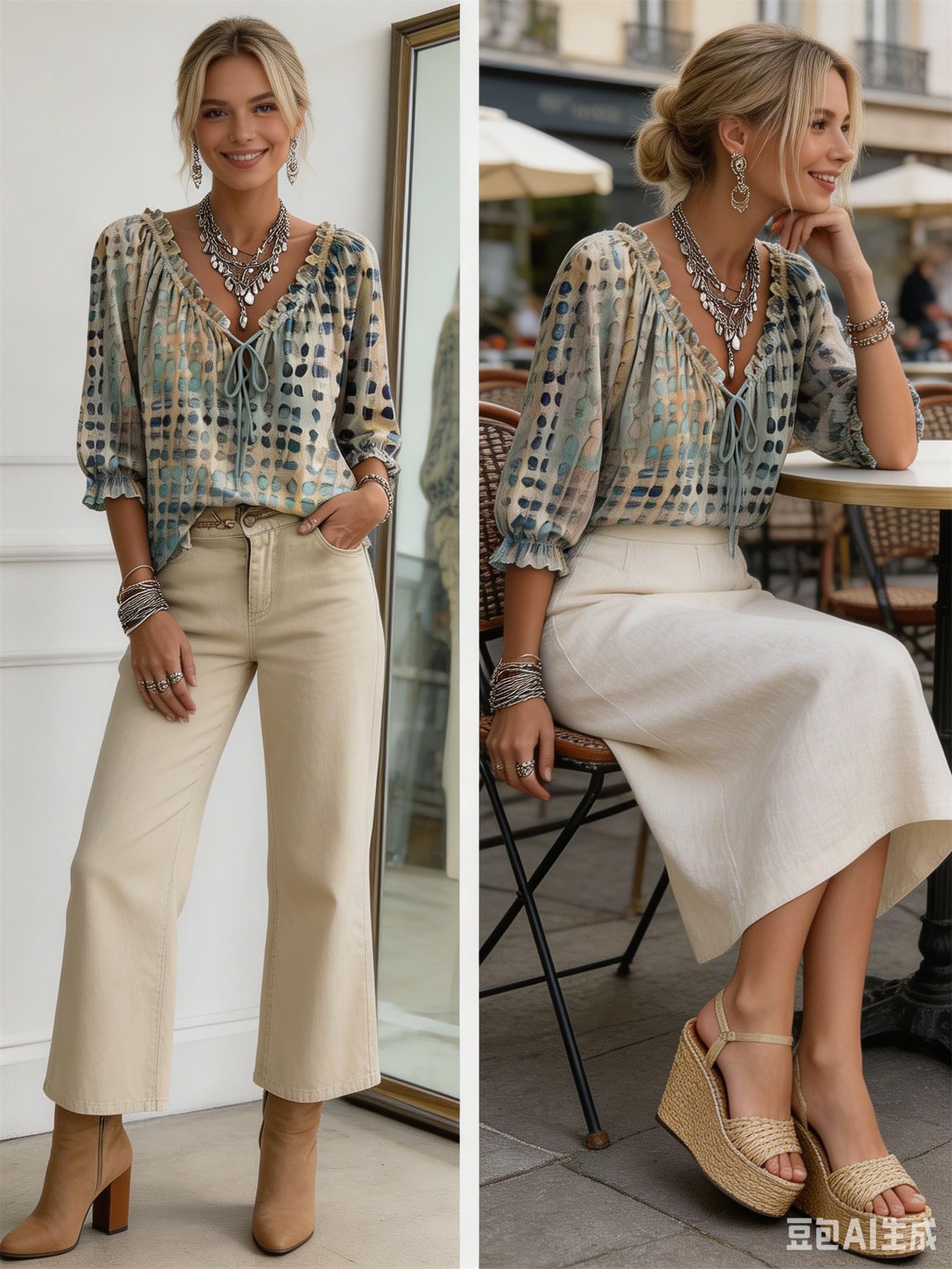 Damski top w kropki dekolt w serek rękawy 3/4 sznurowane geometryczne bluzki z nadrukiem lato falbany wykończenie luźne luźne luźne zwiewne eleganckie koszule