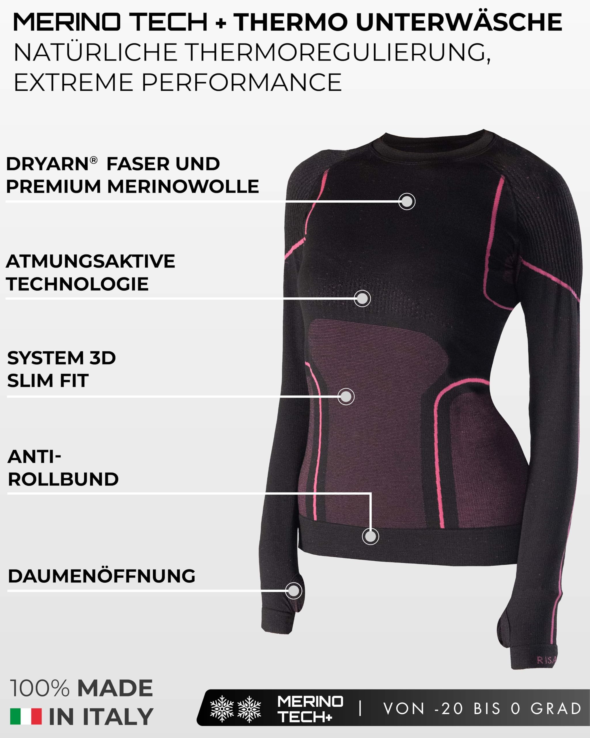 Risalti Thermo-Shirt für Damen, Langarm, Merino Tech – Thermo-Shirt für Damen aus Merinowolle, Thermounterwäsche für Damen, Winter, Thermounterwäsche für Damen, nahtlos, hergestellt in Italien