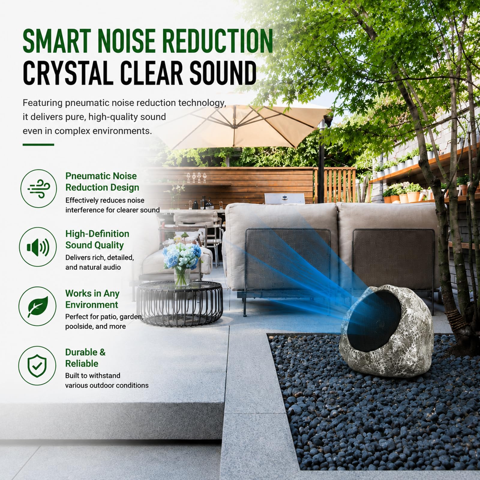 Enceintes Bluetooth étanches énergie Solaire extérieur, Gris | Rechargeable solaire et USB, Design pierre réaliste, Audio basses profondes, Pour jardin, terrasse, cour, pelouse