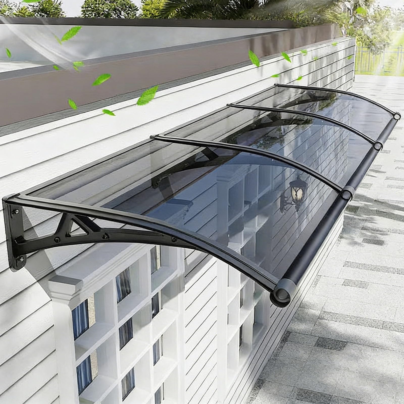 Auvent de porte avec système de drainage et panneau polycarbonate anti-UV