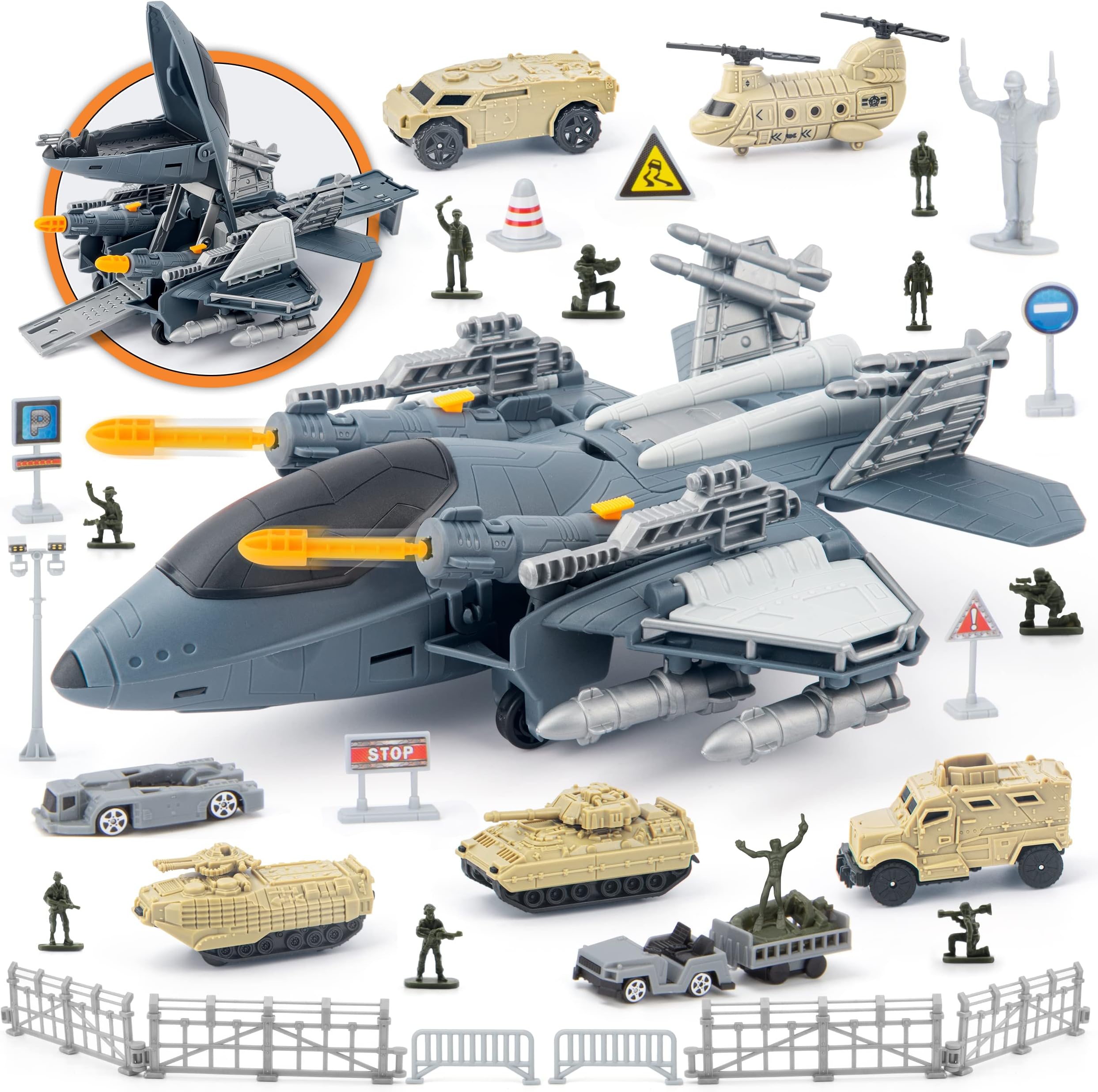 XDUOYJOY Military Fighter Jet Toys, Army Airplane Toys with 7 Vehicles Trucks Helicopter Army Men, Decorate & Launch The Missile, Birthday for Boys Girls
