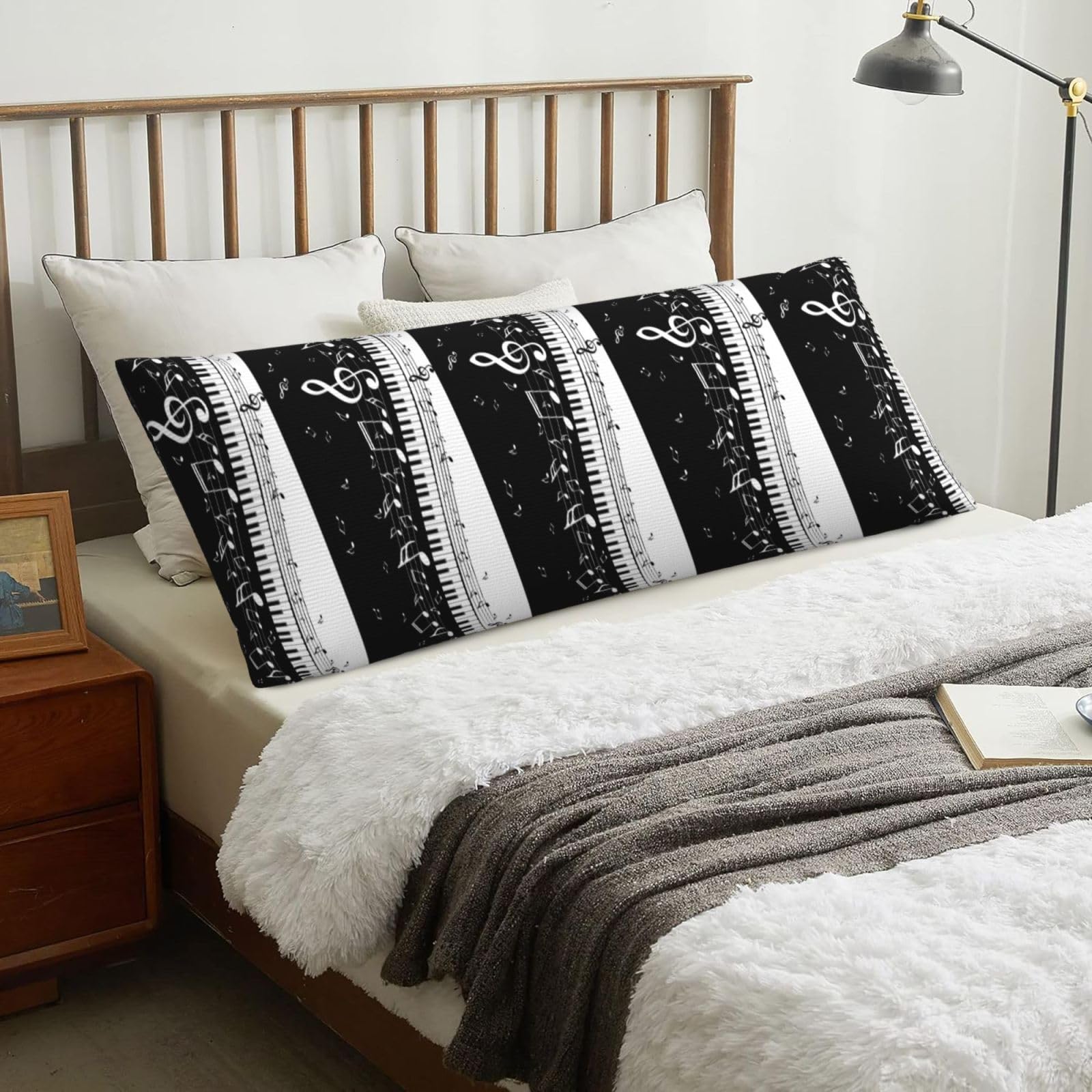Piano Keys With Musical Notes, Body Pillow Cover with Zipper,Long Body Pillowcase 20 x 60 in