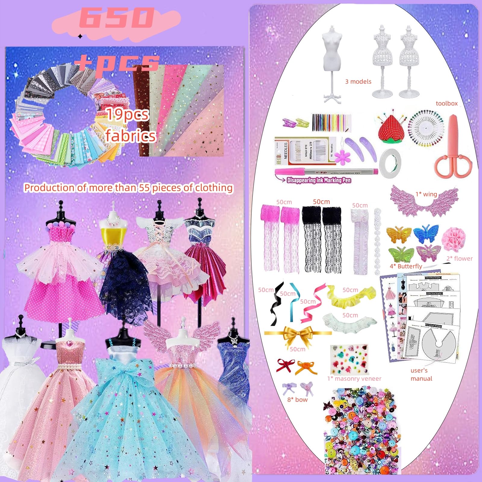 Kit Couture Enfant Aszaui 650 Pièces – Avec 3 Mannequins, Tissus, Accessoires, Créativité Mode 10 Ans+