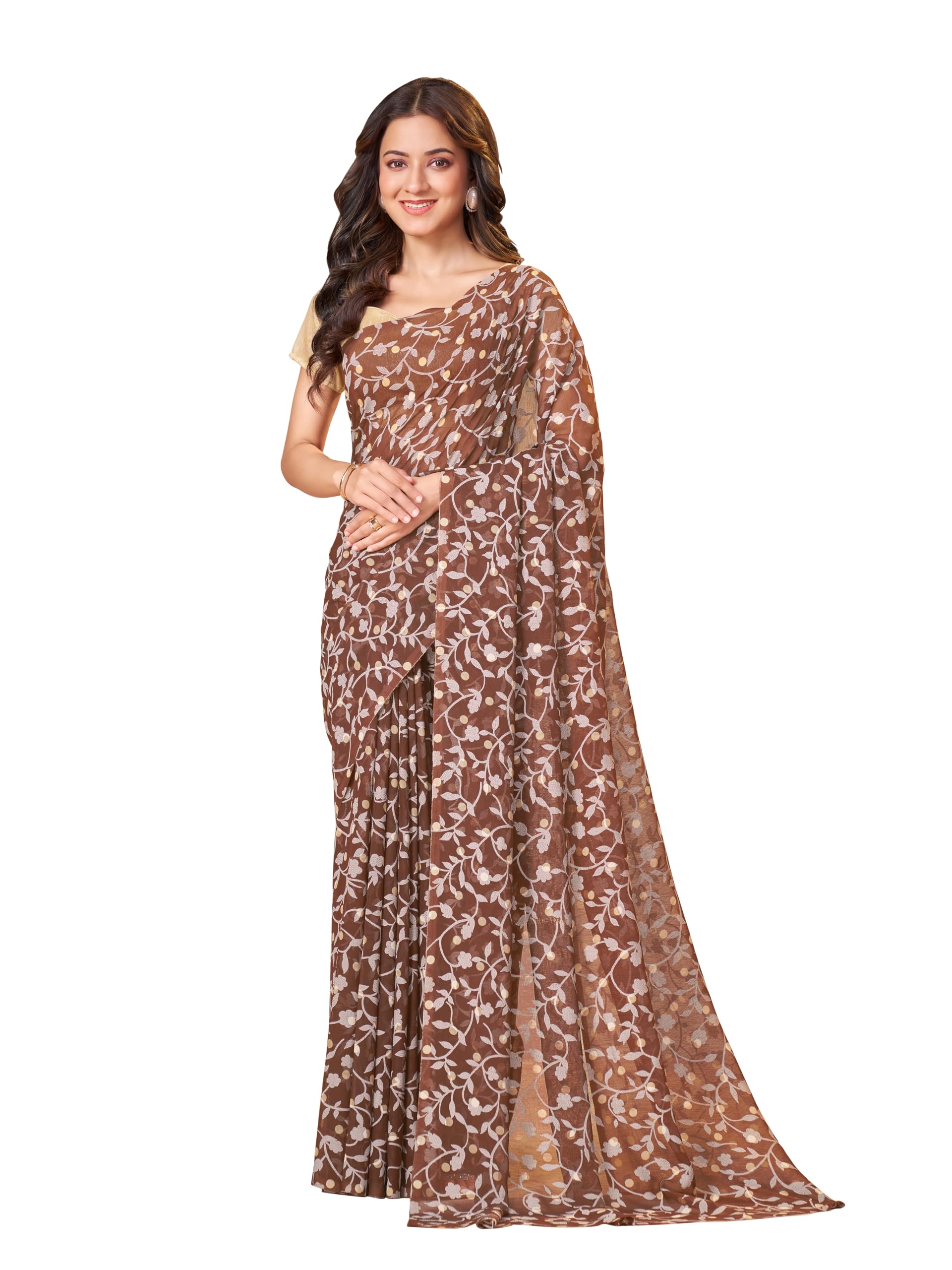 garden vareli Summer Roganza Viscose Brasso Floral vine print & Polka Dot Design Saree With Blouse Piece-picture-18