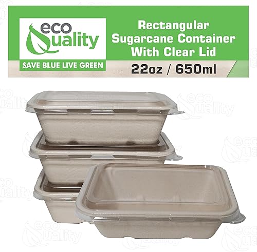 Miniatura 5 de EcoQuality Cuencos desechables de 22 onzas con tapas transparentes, cuencos rectangulares de papel biodegradable de fibra de caña de azúcar