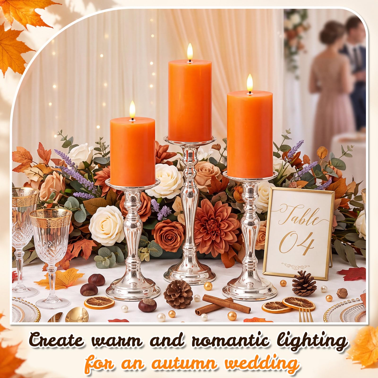 Retisee Set di 3 candele senza fiamma arancioni a LED in vera cera, con telecomando e timer, funzionamento a batteria, candele finte per il giorno del Ringraziamento, decorazione per la casa autunnale