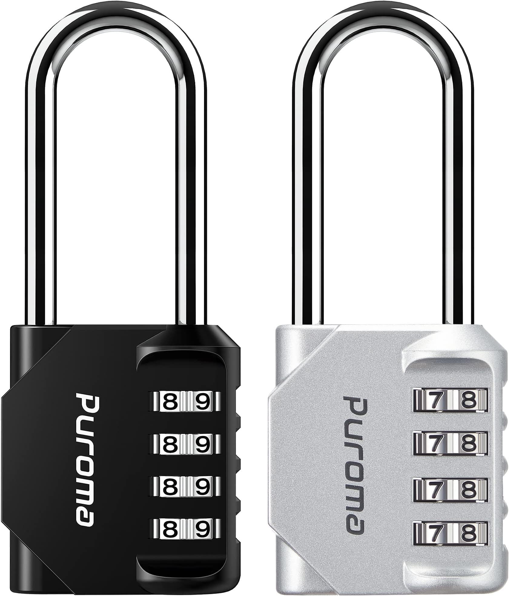 Puroma 2 Pack 2.6 Inch Long Shackle Combination Lock 4 Digit Outdoor Waterproof Padlock for Hasp Locker Lock, Sports Locker, Fence, Gate, Toolbox, Case, Hasp Storage, Cabinets (Silver & Black)