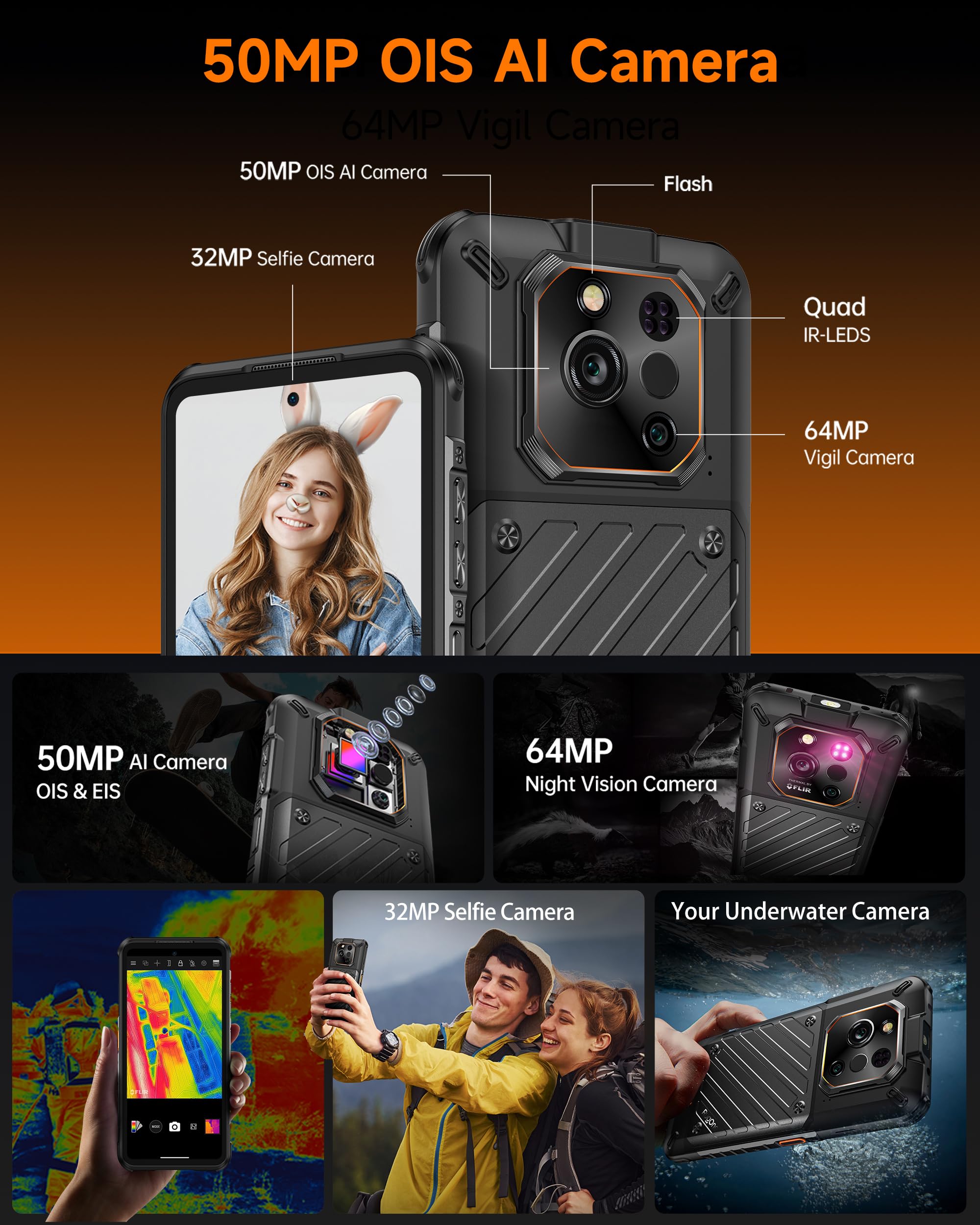 RUGONE Xever 7 Pro Cellulare, 5G con Batteria Sostituibile (2×5550mAh) AI Telefono 64MP Visione Notturna + Termocamera 24GB+512GB/SD-2TB, Android 15 Rugged Smartphone 6.67" 120Hz AMOLED, E-SIM Nero