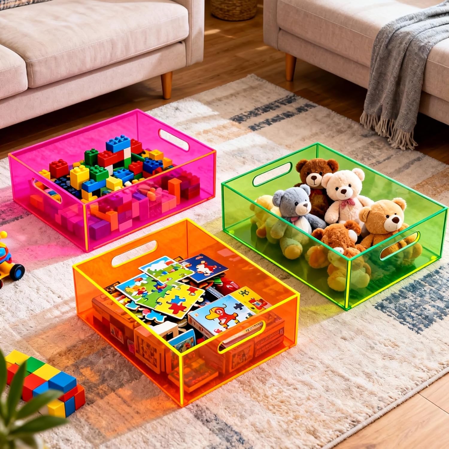 Large Storage Bin Acrylic Pantry Storage Container with Handles Kitchen Organizer Bin for Cabinet Cupboard Organization, Heavy Duty, 15.4 x 11.4 x 5.5'', Neon Pink