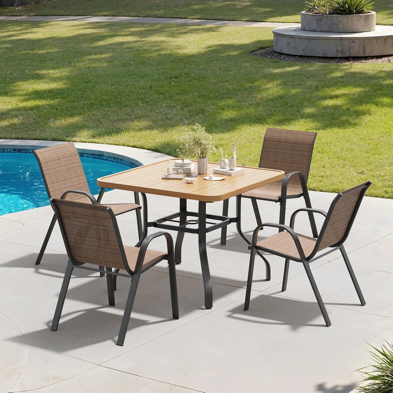 Soohow Outdoor Dining Set for 4, Outdoor Patio Dining Set 4 x Stackable Chairs & 1 x Wood-Like Outdoor Table with Umbrella Hole, All-Weather Patio Table and Chairs for Poolside, Backyard and Porch