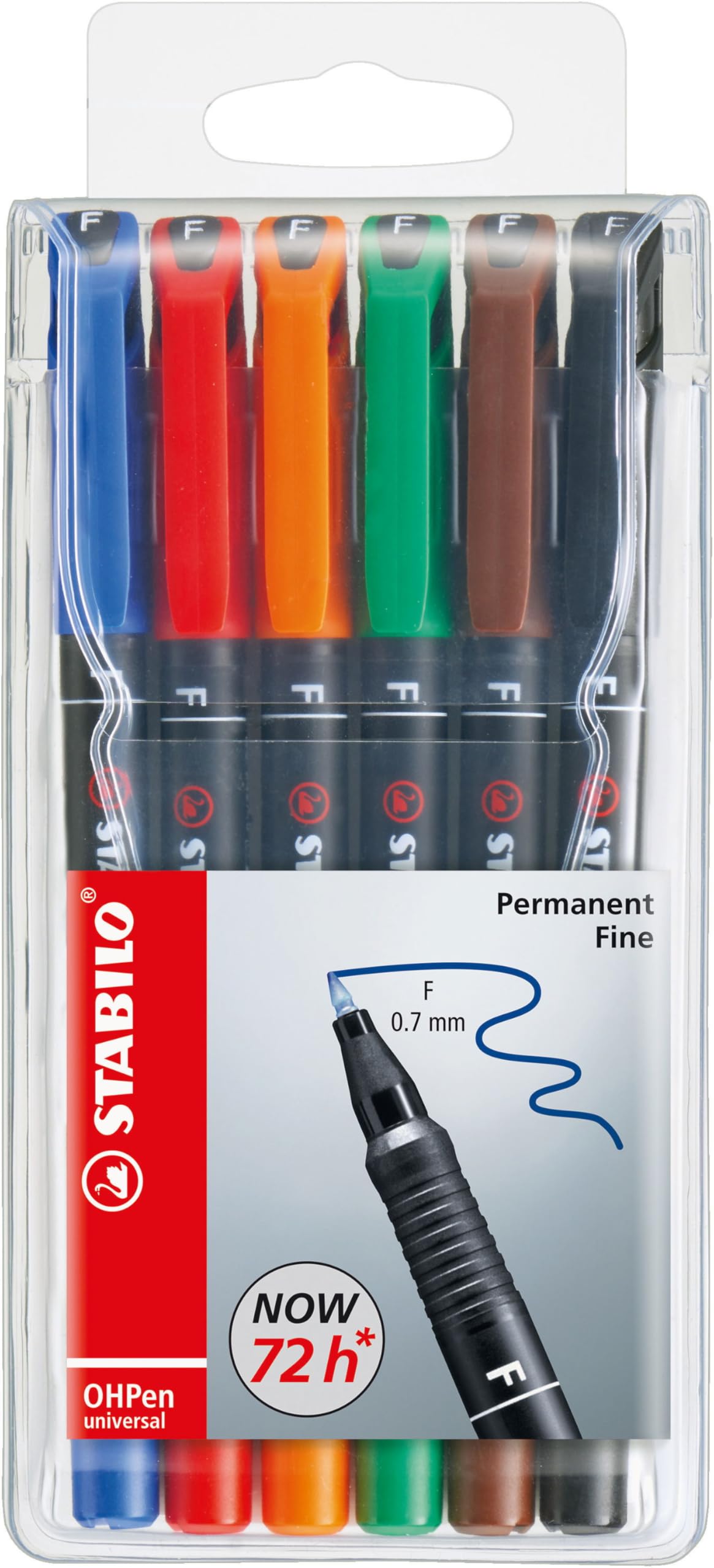 Stabilo OHPen Universal - Rotuladores permanentes (6 unidades, punta redonda, colores negro, azul, marrón, verde, rojo, polipropileno, grosor de trazo fino, diámetro: 0,7 mm)