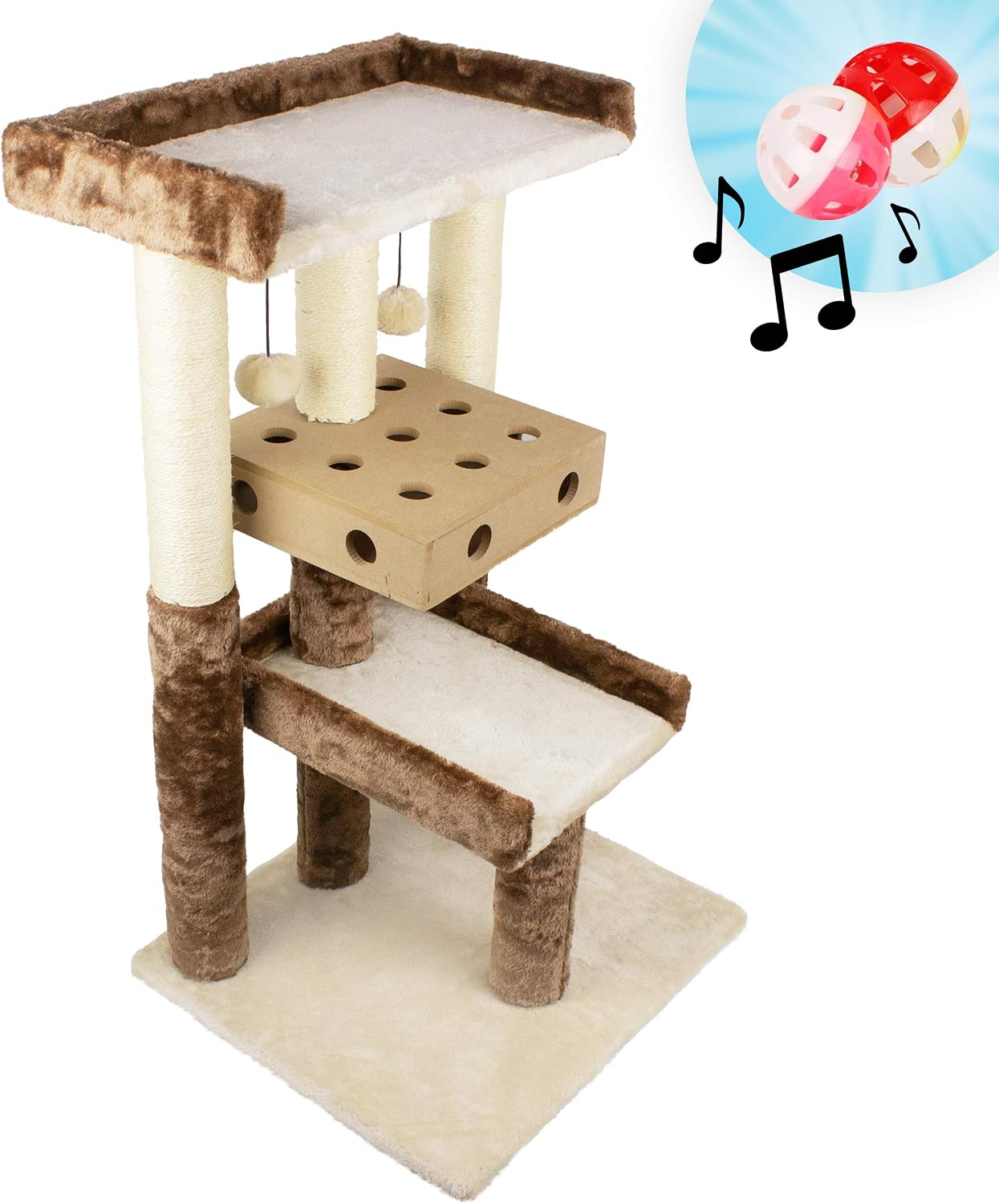 Downtown Pet Supply - Cat Scratching Post Tower - Tall Cat Tree & Sisal Rope Cat Post - 4-Level Cat Tree with Puzzle Box - 30.5 x 17.5 x 16