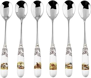 Spode Woodland Tea Spoons with Assorted Motifs | Stainless Steel Spoons for Dessert, Tea, and Coffee | Coffee Spoons with Porcelain Handles, Set of 6