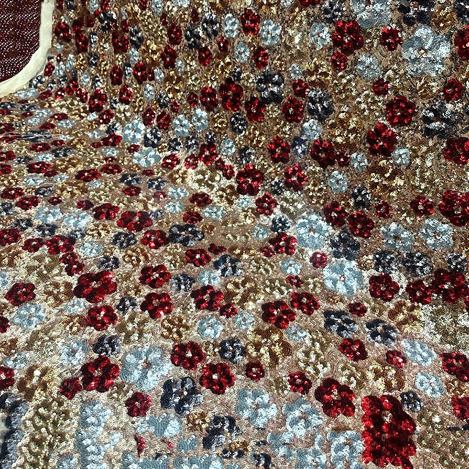 Dxcaicc Tulle Mesh Fabric Red Plum Blossom Beadwork Colorful Sequins Cloth 1.3X1m Beaded Floral Embroidery High-End Gauze for Runway Attire