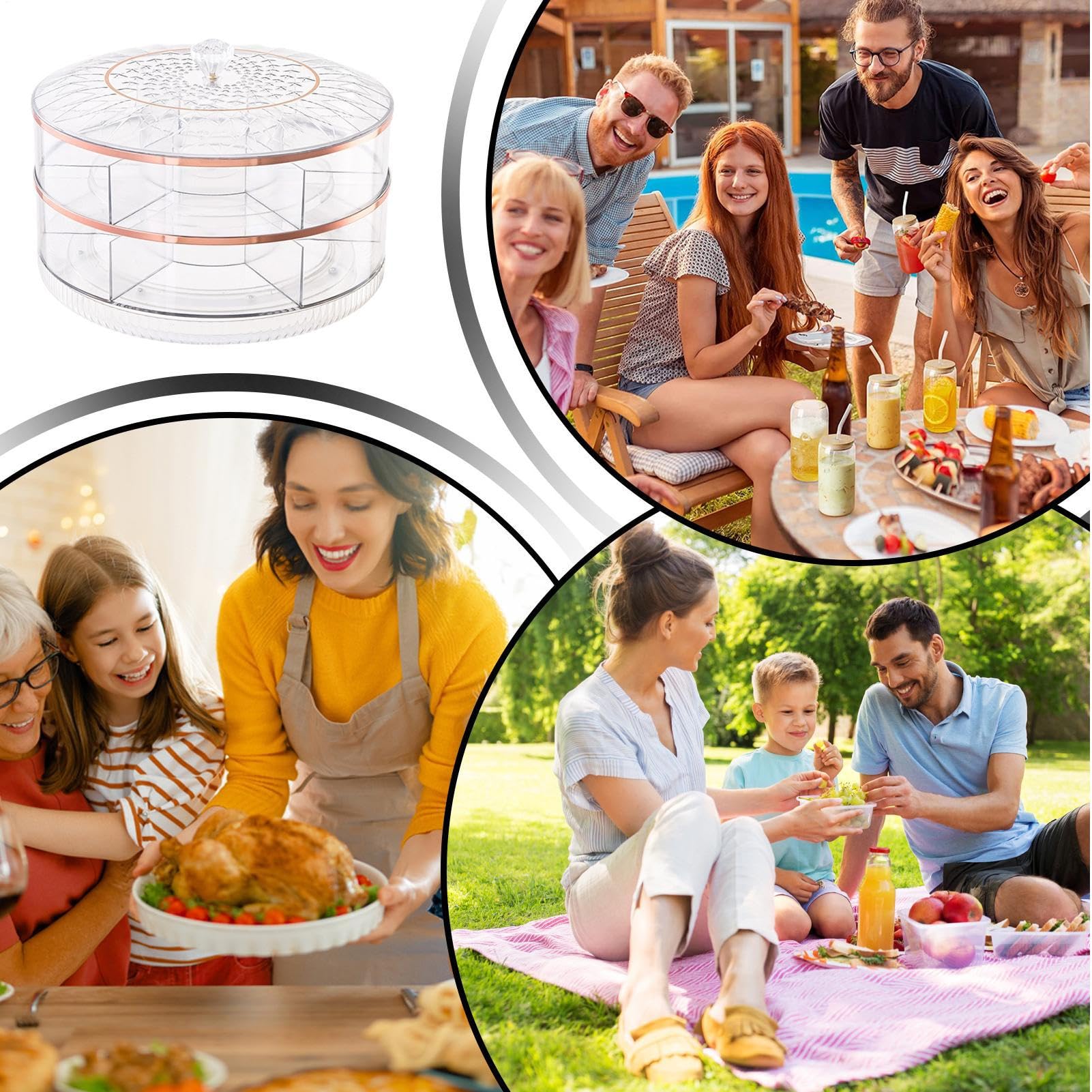 Bandeja de servir con divisiones Contenedor Giratorio de 7 Compartimentos | Bandeja de snacks con asa Para Frutos Secos, Almacenar, Servir, , Picnics, Bodas y Eventos