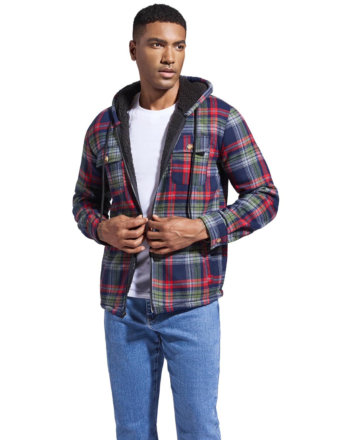 Ephemoca Jaqueta masculina com capuz xadrez de flanela com zíper e lã de ovelha forrada com capuz moderno casaco quente - Imagem 3