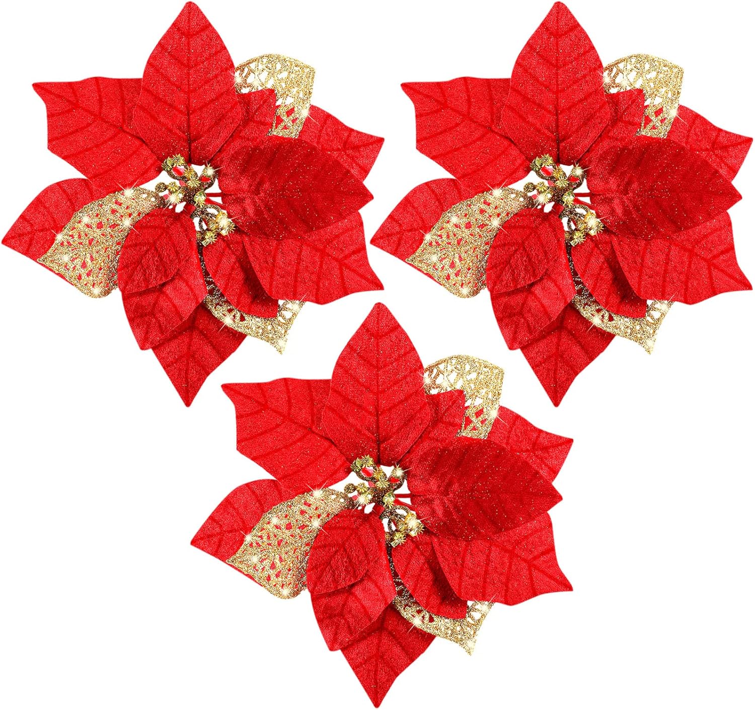 30 Pieces 8 Inches Large Christmas Artificial Poinsettia Flower Christmas Tree Glitter Faux Flowers Floral Wreath Garland Xmas Tree Ornaments for Wedding Holiday Wreath DIY (Red)