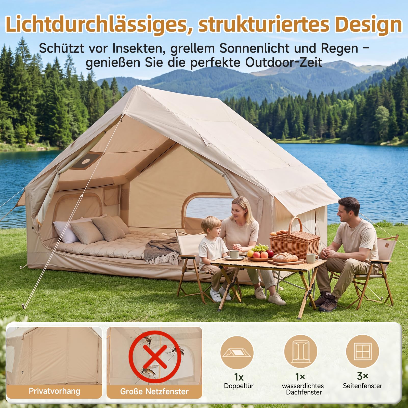 Tente gonflable avec auvent (4 à 8 personnes, beige) | Tente familiale en Oxford 210D, PU 3000 mm imperméable, UPF 30+, tente glamping 300 x 240 cm, pour camping en plein air