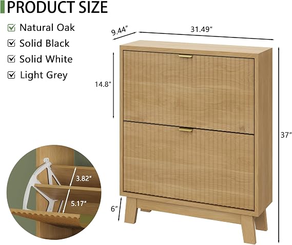 Xixini Shoe Cabinet with 2 Flip Drawers, 37 Tall Narrow Fluted Shoe Storage Organizer for Entryway, Hidden Slim Wooden Shoe Rack Cabinet for Front Door Entrance, Hallway, Living Room, Natural Oak