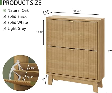 Xixini Shoe Cabinet with 2 Flip Drawers, 37 Tall Narrow Fluted Shoe Storage Organizer for Entryway, Hidden Slim Wooden Shoe Rack Cabinet for Front Door Entrance, Hallway, Living Room, Natural Oak