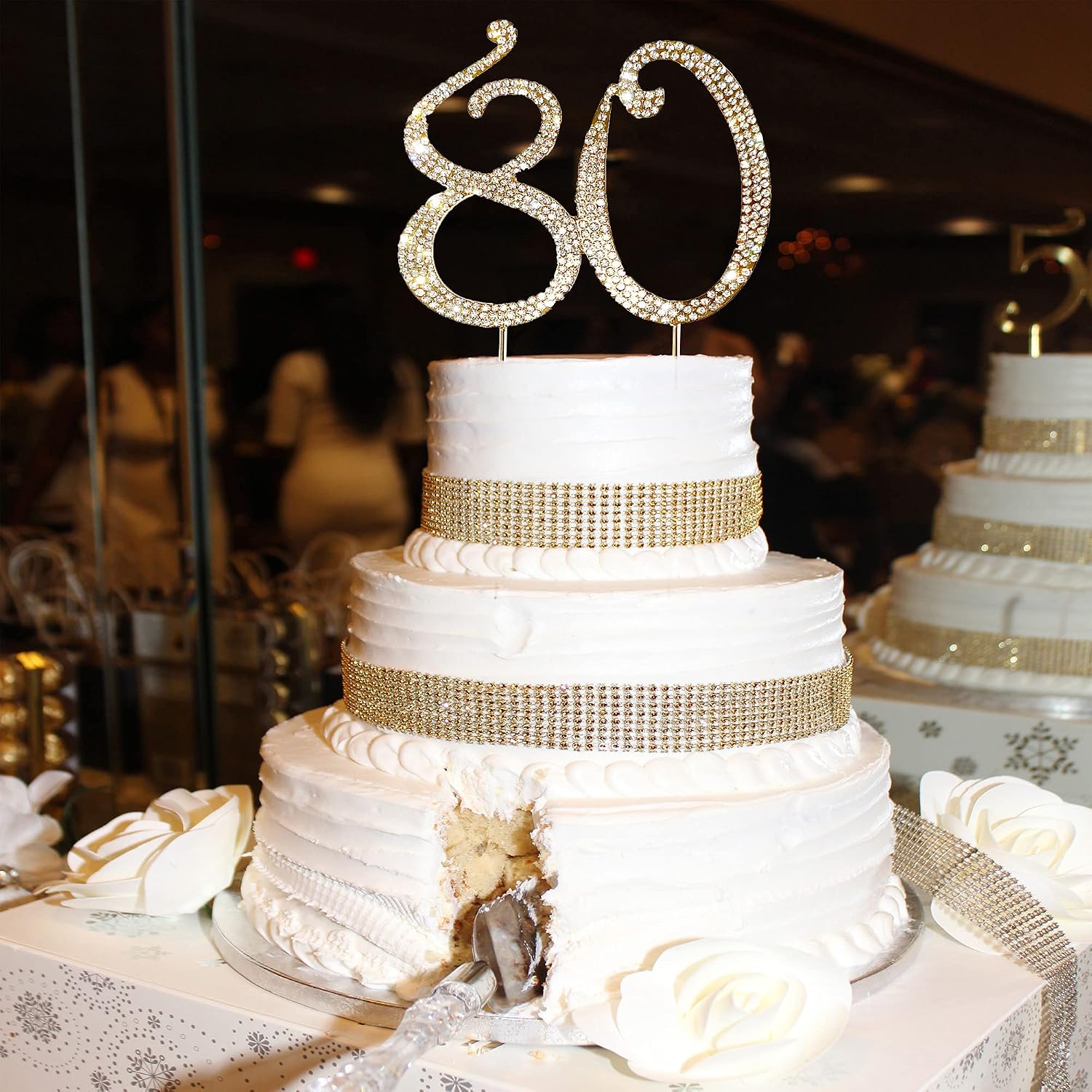 80th Cake Topper with Sparkly Crystal Rhinestone, Birthday Diamond Wedding Anniversary Party Supply, Glaring Golden Cake Decoration