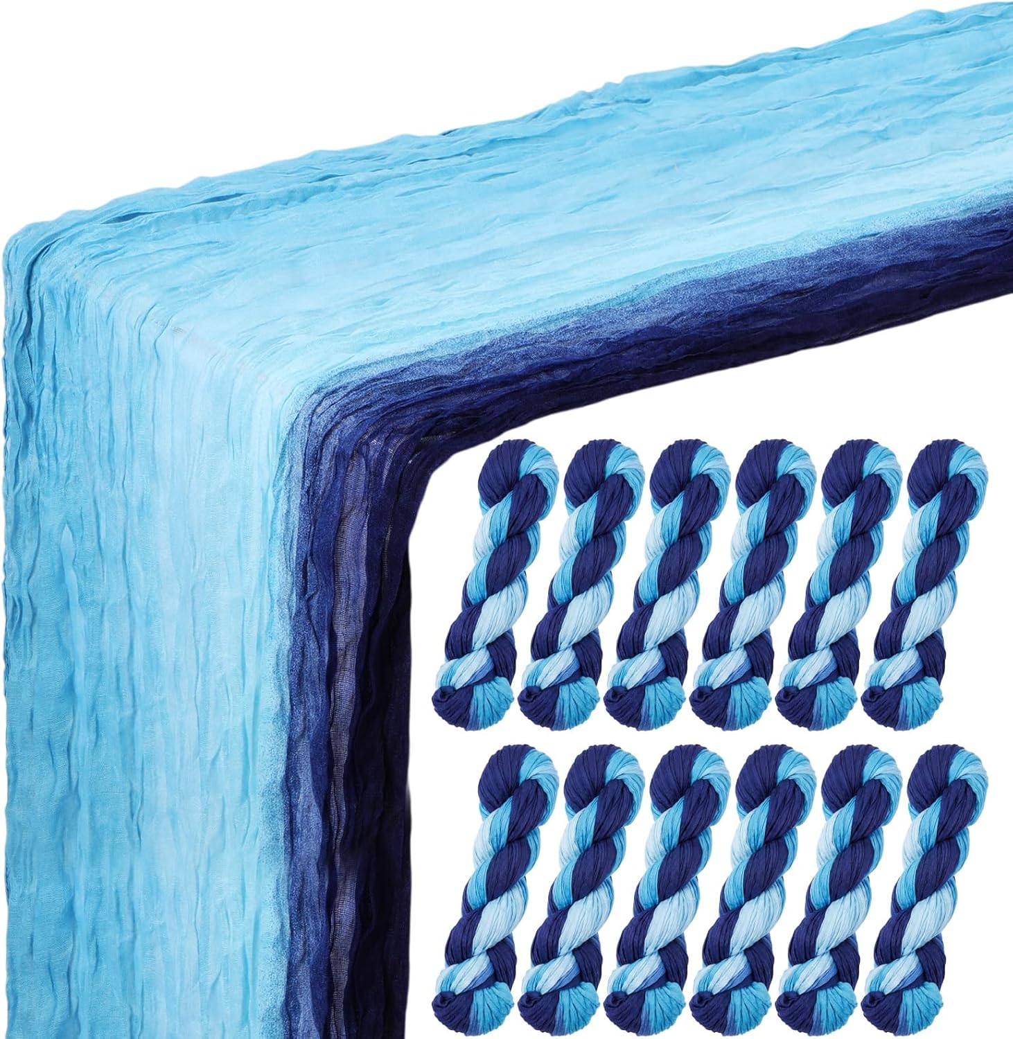 Tegeme 12 Pcs Gradient Blue Cheesecloth Table Runner 35.4" x 70.8" Crinkle Style for Wedding Event Holiday Party Home Kitchen Coffee Family Dinner Decor Elegant Table Runner for Various Occasions